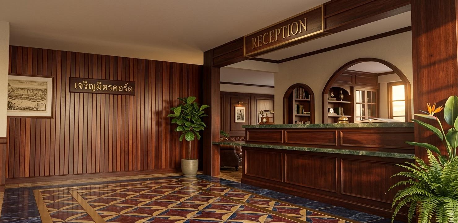 An incredibly lifelike, richly detailed, photorealistic interior photo of a reception area set in a colonial classic-style hotel lobby during a summer sunset. The scene is illuminated by warm, golden light streaming in, creating a stately and elegant atmosphere. Captured with a wide-angle lens, emphasizing the grand scale and rich textures of the space, the rendering showcases mahogany and cherry furniture with balanced surfaces, colonial-era decor including historical wall art, and the comforting presence of lush indoor plants. The reception desk, crafted from dark wood, stands as a focal point, complemented by the refined finishes of marble countertops. The floor is adorned with a patterned carpet in shades of deep reds, blues, and warm neutrals, adding to the room's comfortable yet formal ambiance. Soft shadows cast by the furniture and architectural elements lend depth, highlighting the symmetrical layout and time-honored design principles inherent to the colonial aesthetic, evoking the feeling of stepping into a photography book dedicated to timeless interiors.