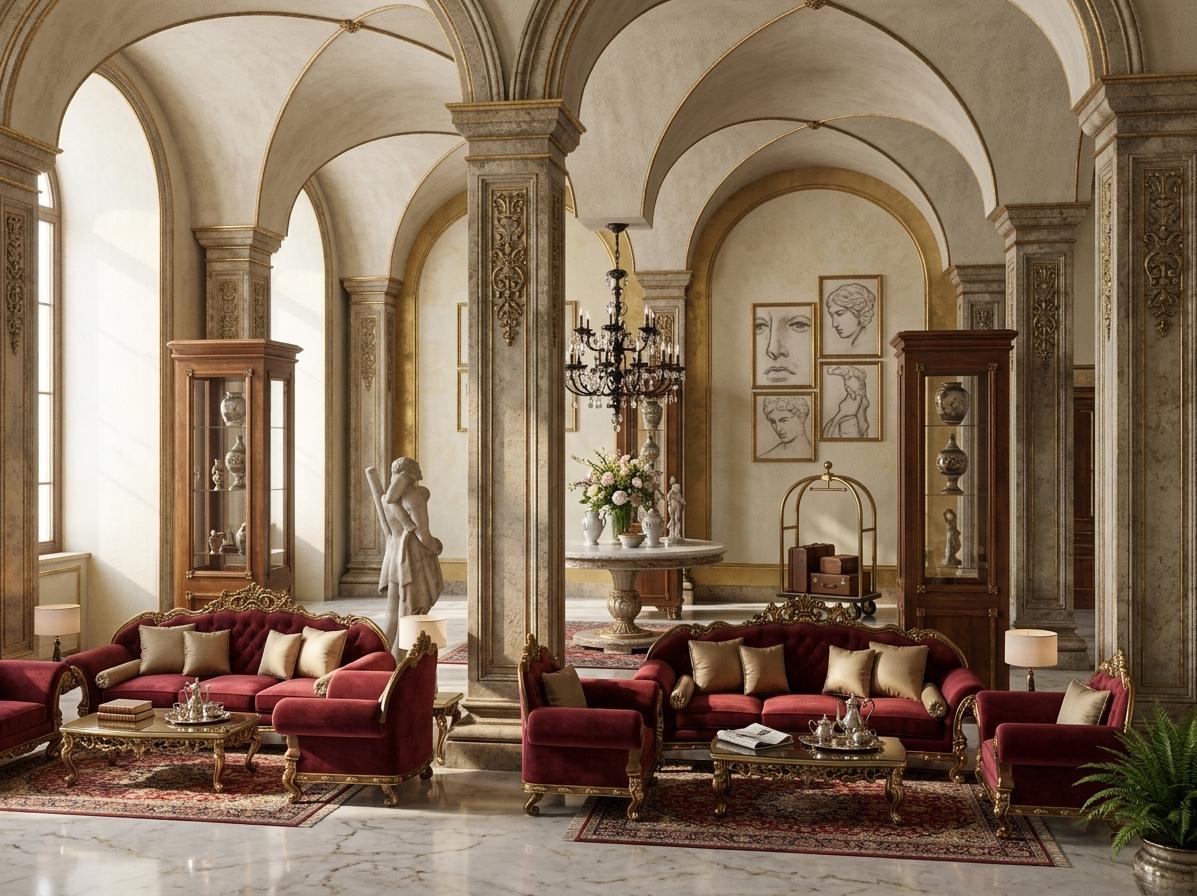 An incredibly lifelike, richly detailed, photorealistic interior photo of a hotel lobby with Victorian elegance, set in a spring midday. The scene is illuminated by soft daylight streaming in, creating a sophisticated and timeless atmosphere. Captured with a wide-angle lens from a low perspective, emphasizing the grandeur of the vaulted ceilings, ornate columns, and arched walkways. Plush, deep red upholstered sofas and armchairs, detailed with intricate gold carvings, are arranged around polished coffee tables and flanked by antique display cabinets. The carved wooden furniture and curated surfaces showcase heirloom decor, while a collection of classic portrait wall art adorns the textured walls, adding to the opulent feel. Shades of deep reds are complemented by rich neutrals and subtle gold accents, creating a lavish and refined environment. The overall impression is one of timeless grandeur and meticulous detail, as if plucked from the pages of a high-end photography book.