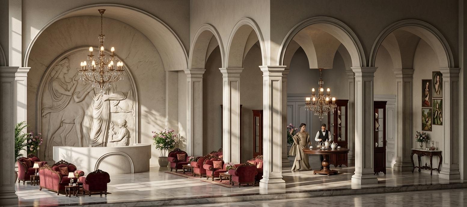 An incredibly lifelike, richly detailed, photorealistic interior shot of a hotel lobby set in spring during midday. The scene is illuminated by soft, diffused natural light filtering in from unseen windows and complemented by the warm glow of ornate chandeliers, creating a welcoming and sophisticated atmosphere. Captured with a wide-angle lens, emphasizing the grand scale and intricate architectural details, this image transports the viewer to an era of Victorian elegance. Sunlight slants across the polished stone floors and highlights the plush, deep red upholstered furniture with carved wooden accents, arranged in intimate seating groups. These pieces, rich in texture and detail, are complemented by curated surfaces adorned with heirloom decor and potted indoor plants. The walls feature classic portrait wall art, adding to the timeless grandeur, with a backdrop of imposing, classically inspired archways and columns that suggest a refined, opulent space for discerning guests. The interplay of light and shadow across the richly neutral tones, accented by subtle golds and deep reds, evokes a sense of history and enduring luxury, making the space feel both grand and inviting.