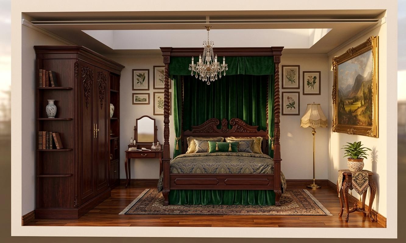 An interior photorealistic rendering of a luxurious bedroom, exuding Victorian elegance. The scene is bathed in the soft, diffused light of late afternoon, creating a warm and inviting atmosphere. Captured with a wide-angle lens, the composition emphasizes the generous proportions of the room and the intricate details of its furnishings. The focal point is a grand, four-poster bed draped in rich, emerald-green velvet, complemented by plush, damask bedding and ornate, carved headboard. Adjacent to the bed, a mahogany vanity with a cheval mirror stands proudly, its surface adorned with antique silver brushes and crystal perfume bottles. On one side, a tall, dark-wood armoire, its doors intricately carved with floral motifs, offers ample storage. Opposite, a velvet-upholstered chaise lounge invites relaxation, positioned near a large, bay window that overlooks a manicured garden. Antique Persian rugs layer the polished hardwood floors, their intricate patterns adding depth and color. A crystal chandelier hangs from the high ceiling, its facets catching the light and casting a gentle sparkle across the room. The walls are adorned with framed botanical prints and a sweeping landscape painting, all contributing to the room's sense of timeless sophistication. The overall impression is one of opulent comfort and refined taste, characteristic of a bygone era.