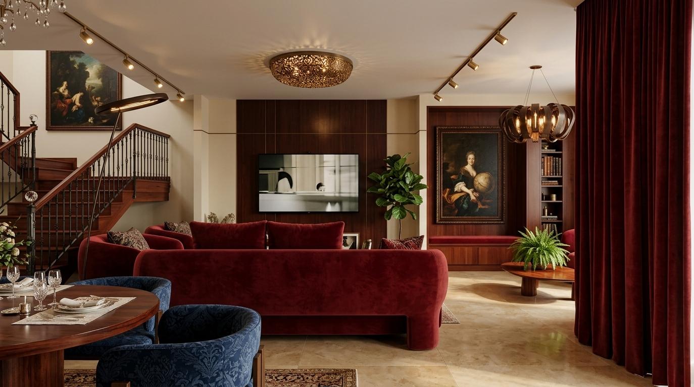 An incredibly lifelike, richly detailed, photorealistic interior photo of a grand living room set in a spacious, stately home. The scene is illuminated by soft, warm light filtering from a large, classically styled chandelier and ambient lighting from unseen windows, creating a comfortable and refined atmosphere. Captured with a wide-angle lens, emphasizing the rich textures of dark mahogany and cherry wood furniture, the plush fabrics of deep red and blue upholstered seating, and the intricate details of colonial-era decor. The space embodies a colonial classic style, with symmetrical arrangements, balanced surfaces, and time-honored design elements. A substantial mahogany dining table, set for an elegant meal, anchors the foreground, while a plush, comfortable sofa invites relaxation. Historical wall art, including what appears to be a fine art photography book, adorns the walls, complementing the warm neutral color palette accented by shades of deep reds and blues. Lush indoor plants add a touch of organic life to the formal setting, enhancing the comfort and elegance. The overall composition conveys a sense of history, tradition, and understated luxury, a living space that feels both inviting and impeccably curated, perfect for quiet contemplation or hosting distinguished guests.