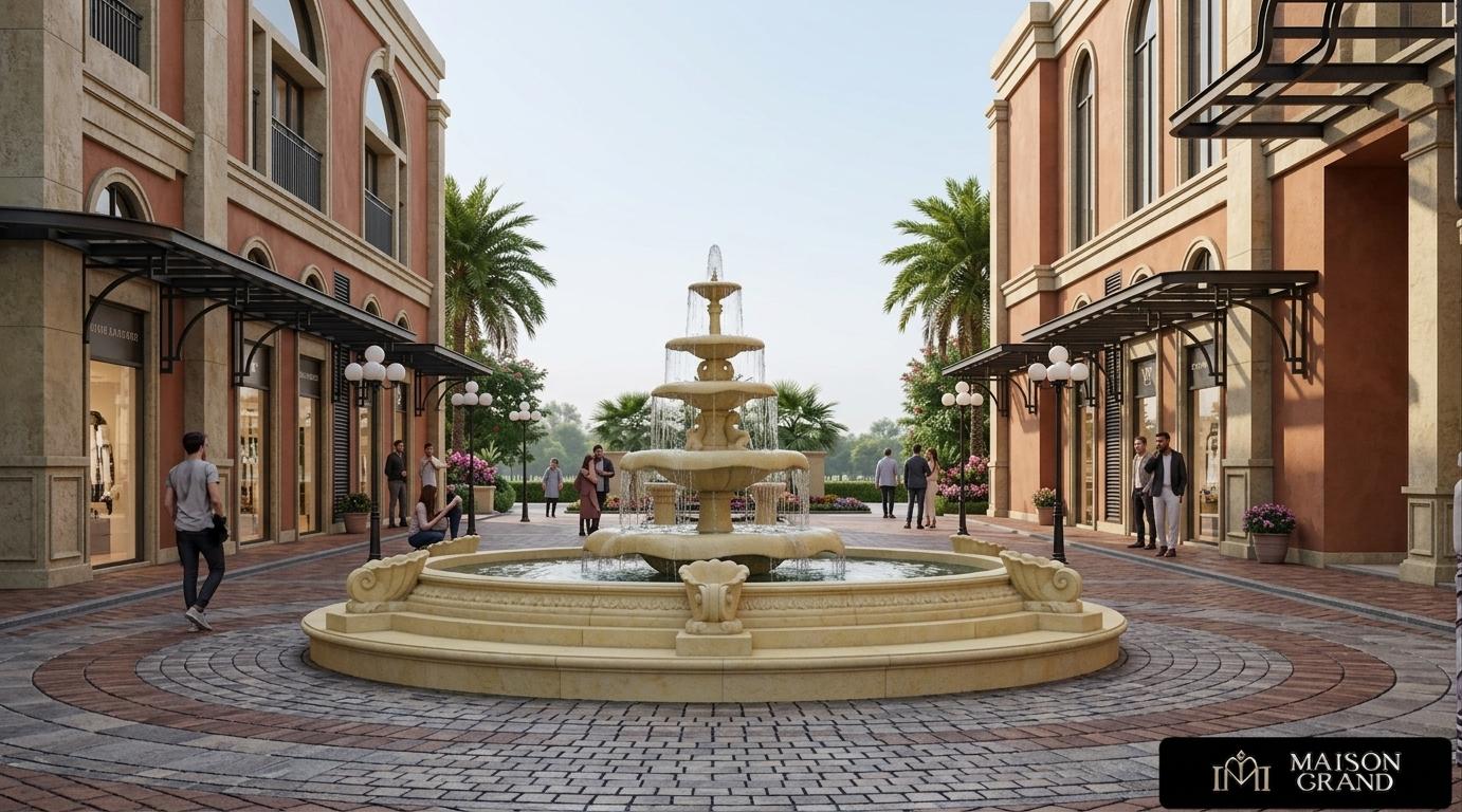 An incredibly lifelike, richly detailed, photorealistic architectural photograph of an outdoor colonial classic patio, set within a charming commercial or residential complex. The scene is illuminated by soft, diffused daylight, creating a serene and inviting atmosphere. Captured with a wide-angle lens, emphasizing the grandeur of the multi-tiered, cream-yellow block stone fountain at the center, which features decorative carvings and a tranquil pond around its base, complete with built-in seating. The surrounding buildings, rendered in a warm, terracotta hue, exhibit classic architectural details like arched windows, columns, and decorative cornices, with dark metal awnings providing shade over storefronts. The textured paving stones laid in a circular pattern around the fountain draw the eye inward, while manicured greenery and vibrant floral arrangements add pops of color and life to the scene. Several figures are casually strolling or interacting, enhancing the sense of a bustling yet peaceful community space. The depth of field is expertly managed, with the background elements slightly softened to keep the focus on the meticulously rendered fountain and immediate surroundings.