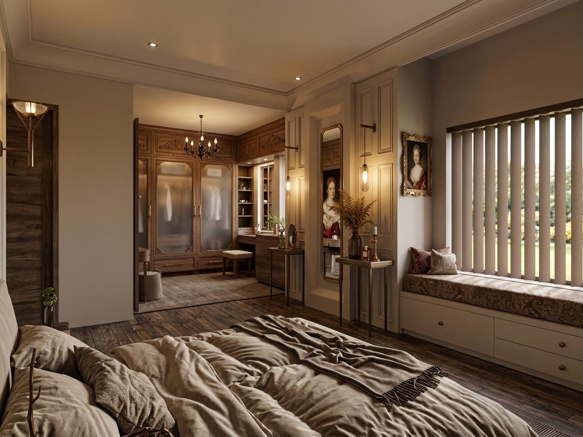 An incredibly lifelike, richly detailed, photorealistic interior photo of a bedroom set in a luxurious, Victorian-inspired estate. The scene is illuminated by warm, ambient lighting, casting soft shadows and creating an opulent and sophisticated atmosphere. Captured with a wide-angle lens, emphasizing the grand scale and intricate details of the space, the photograph showcases a plush, oversized bed draped in rich, neutral-toned linens, a beautifully carved wooden wardrobe with frosted glass doors, and a vanity area adorned with heirloom decor and curated surfaces. Classic portrait wall art and subtle hints of indoor plants add to the timeless elegance, while the color palette of deep reds, golds, and rich neutrals unifies the lavish, refined aesthetic, reminiscent of a page from a high-fashion photography book.
