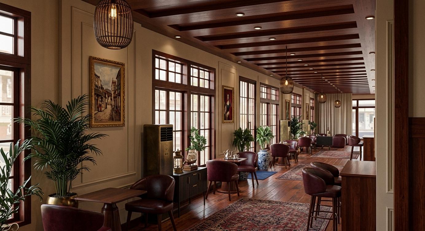 An incredibly lifelike, richly detailed, photorealistic interior photo of a hotel lobby set in a colonial classic style. The scene is illuminated by a gentle, warm ambient light that mimics late afternoon sunshine filtering through large windows, creating a stately and refined atmosphere. Captured with a medium lens, emphasizing the balanced surfaces and symmetrical arrangement of mahogany and cherry furniture, the rendering showcases the comfortable, solid feel of the space. The walls are adorned with historical wall art in shades of deep reds, blues, and warm neutrals, complemented by the timeless elegance of colonial-era decor and tastefully placed indoor plants. The dark wood accents on the ceiling and furniture lend a dignified, time-honored character to the space, making it feel both formal and welcoming.