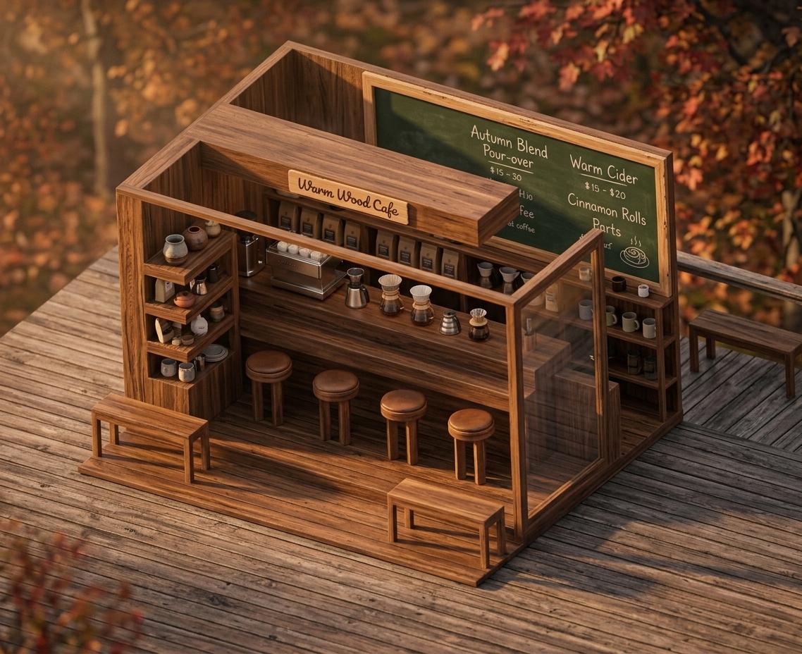 An incredibly lifelike, richly detailed, photorealistic interior photo of a cozy coffee shop, "Warm Wood Cafe," set in a rustic autumn environment. The scene is illuminated by the warm, diffused light of a setting sun, creating a comfortable and inviting atmosphere. Captured with a wide-angle lens, emphasizing the natural textures and raw beauty of the cypress wood and wooden floor. The 430x270cm interior space feels expansive yet intimate, with the rich, unrefined grain of the cypress wood dominating the decor. A transparent glass sliding door opens onto a wooden deck with a long bench, hinting at an outdoor seating area. Inside, a smooth, dark wood bar with integrated shelves runs along one wall, complemented by simple wooden stools, awaiting patrons. Behind the bar, a large, dark green chalkboard serves as a menu display, its raw wood frame echoing the surrounding elements. To the side, open shelving units hold various coffee-making paraphernalia and perhaps curated merchandise, their unpolished edges contributing to the cafe's unpretentious charm. The overall impression is one of natural warmth and rugged elegance, a perfect retreat for savoring meticulously prepared pour-over coffee.