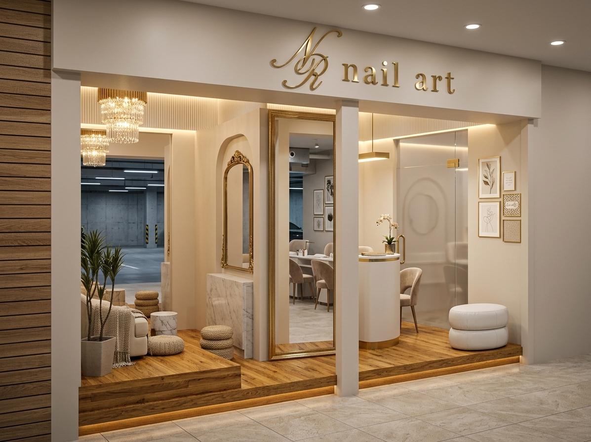 An incredibly lifelike, richly detailed, photorealistic interior photo of a modern and elegant nail salon designed for manicures and pedicures, set within a sophisticated urban environment suggesting a hotel lobby. The scene is illuminated by warm, inviting lighting that creates a sense of luxury and tranquility, bathing the white-toned interior in a soft glow. Captured with a wide-angle lens, the rendering emphasizes the clean lines and refined textures: the smooth, pale cream and white surfaces of the reception desk and cabinetry are contrasted with the intricate detailing of a crystal chandelier. A tall, ornate mirror with a subtle Victorian elegance hints at opulence, reflecting a well-appointed interior. The soft hues of the furniture and decorative art pieces are balanced by the cool, tiled flooring that extends throughout the space. The background visible through the glass panels suggests the muted, functional atmosphere of a parking basement, a stark contrast to the salon's refined interior, offering a unique juxtaposition. This carefully composed shot highlights the depth and spatial relationships within the salon, drawing the viewer's eye towards the curated waiting area and the prominent reception desk, inviting them to experience the sophisticated and calming ambiance.