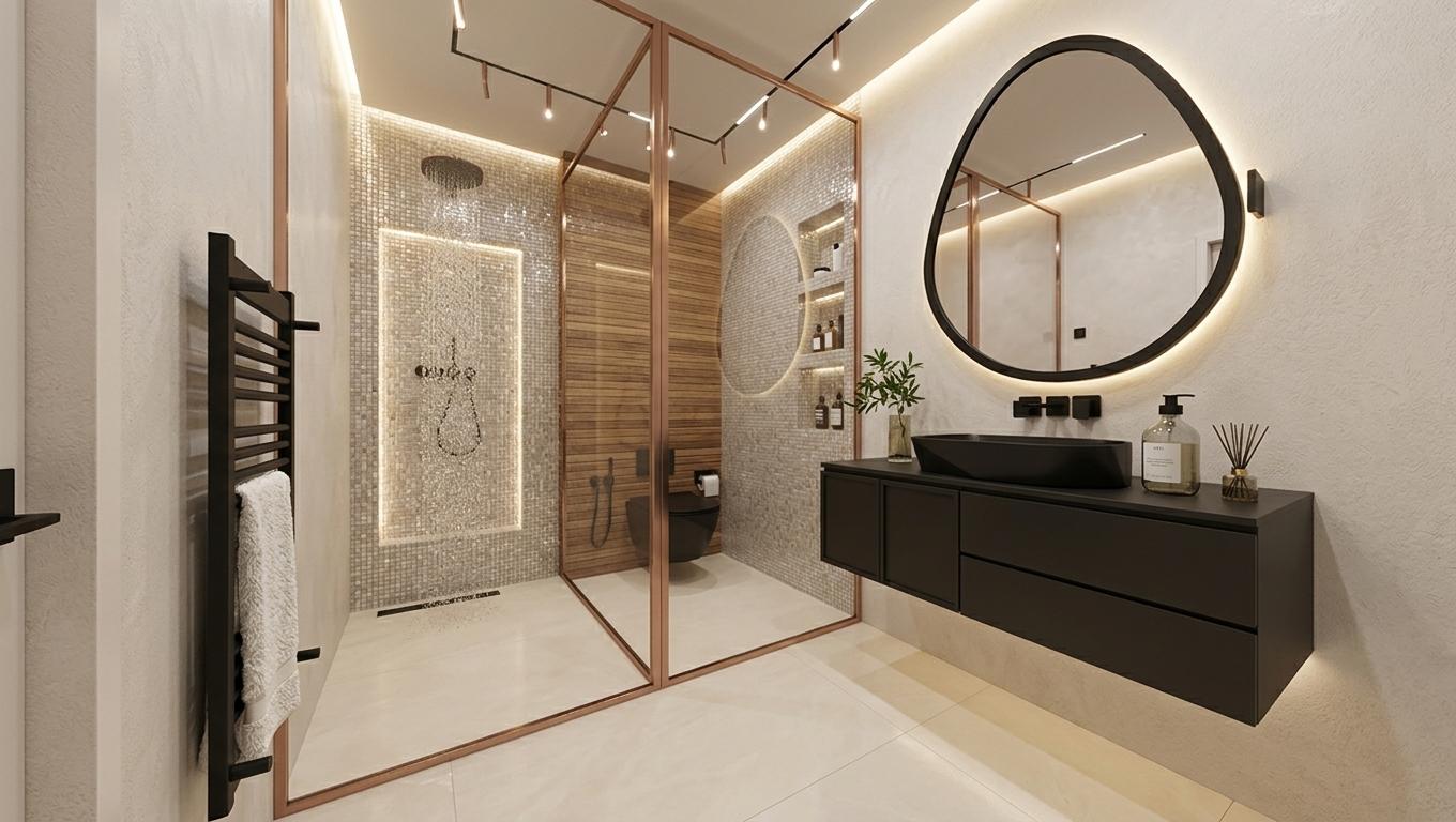 An incredibly lifelike, richly detailed, photorealistic interior photo of a luxury hotel bathroom set in a modern fusion environment. The scene is illuminated by a combination of soft, recessed strip lighting from the ceiling and a subtle hidden LED glow emanating from behind the irregularly shaped black-framed mirror, creating a sophisticated and tranquil atmosphere. Captured with a wide-angle lens, emphasizing the spaciousness and the interplay of luxurious textures and sleek finishes.

The focal point of the composition is a spacious walk-in shower enclosure framed by elegant rose gold metal, featuring clear glass panels. The interior of the shower presents a striking contrast in materials: one wall is clad in shimmering, mosaic-like tiles that catch the light beautifully, while the back wall is softened by warm, horizontal wood strips, providing a rich, organic counterpoint. Within the shower, the showerhead offers a refreshing cascade of water droplets, and a minimalist black toilet bowl is discreetly placed against the wood-paneled wall. Recessed shelving units are seamlessly integrated into the right wall of the shower, offering a neat storage solution for toiletries.

To the right of the shower, a sleek, dark matte floating vanity with push-to-open drawers appears to defy gravity. It is topped with a striking, angular black basin, reflecting the ambient light. On the vanity, a minimalist glass bottle of hand soap and a small decorative vase with greenery add subtle touches of color and life. The walls throughout the bathroom are finished in a subtle, textured off-white plaster, creating a neutral yet refined backdrop for the bolder design elements. A tall, matte black heated towel rack stands to the left, showcasing a plush white towel, adding a touch of practical elegance. The floor is covered in large, smooth cream-colored tiles that extend seamlessly throughout the space, enhancing the sense of continuity and luxury. The overall effect is one of opulent comfort, where modern design meets sophisticated detailing.