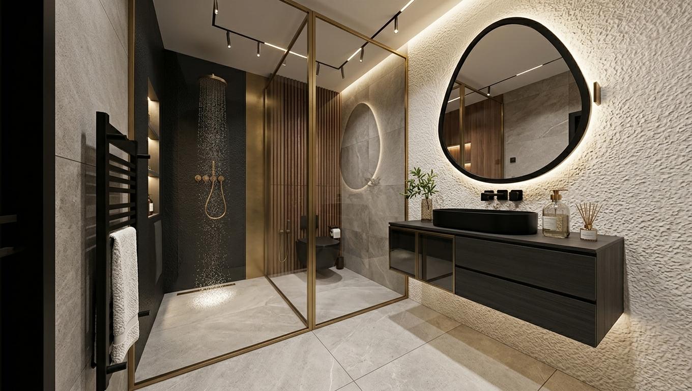 An incredibly lifelike, richly detailed, photorealistic interior photo of a luxury hotel bathroom set in a modern, mid-century inspired dwelling. The scene is illuminated by subtle recessed strip lighting on the ceiling, casting a warm, inviting glow that creates a tranquil and opulent atmosphere. A soft, hidden LED light emanates from behind the abstract, uniquely shaped black-framed mirror above the floating dark wood vanity, highlighting the textured porcelain tile wall. The spacious walk-in shower, encased in minimalist brass-trimmed glass, features a textured tile on its back wall and a different elegant material on its side walls. Inside the shower, recessed shelves are thoughtfully built into the left wall, offering practical storage. The rear wall behind the sleek black toilet is a sophisticated mix of vertical wood slats and complementary porcelain tiles, adding depth and visual interest. The floating vanity, a deep charcoal hue with subtle glass accents, supports a striking matte black vessel sink, perfectly complemented by the modern black faucet. A black heated towel rack stands sentinel to the left, draped with a plush white towel, further enhancing the room's sophisticated and comfortable aesthetic. Captured with a wide-angle lens, this rendering emphasizes the sleek lines, rich textures, and harmonious interplay of light and shadow, showcasing the bathroom's luxurious and timeless design.