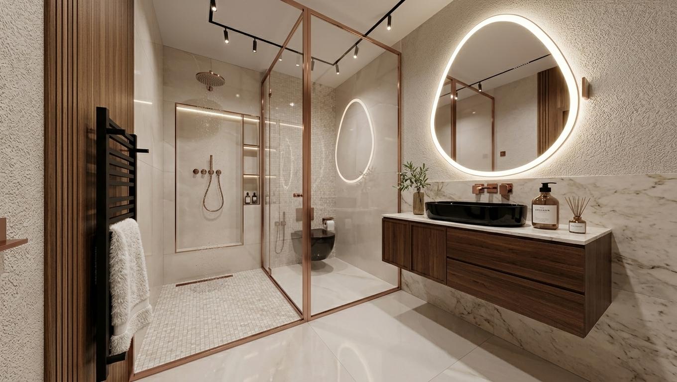 An incredibly lifelike, richly detailed, photorealistic interior photo of a luxurious hotel bathroom set in an opulent Art Deco glamour environment. The scene is illuminated by ambient track lighting from the ceiling and a soft, hidden glow from the mirror, creating a sophisticated and inviting atmosphere. Captured with a wide-angle lens, emphasizing the polished porcelain tiles, warm vertical wood strips, and reflective rose gold accents.

The spacious walk-in shower, enclosed by sleek rose gold frames and clear glass, features a mosaic tile interior on the back wall behind the toilet, adding a touch of textural intrigue, while the flanking walls are finished in smooth, large-format porcelain. The toilet and the striking, modern basin atop the floating dark wood vanity are both rendered in lustrous black, exuding contemporary elegance. The vanity's backsplash is a contrasting slab of polished marble, while the wall behind it is textured plaster. Integrated into the left wall of the shower, subtly recessed shelves offer practical, yet discreet storage. The vanity is accessorized with minimal, high-end dispensers and a small, elegant vase with greenery. Opposite the vanity, a geometric black towel warmer, adorned with a fluffy white towel, stands against a textured wall, reflecting the sophisticated design choices within. The overall composition showcases a harmonious blend of clean lines, luxurious materials, and strategic illumination, conjuring an image of everyday opulence.