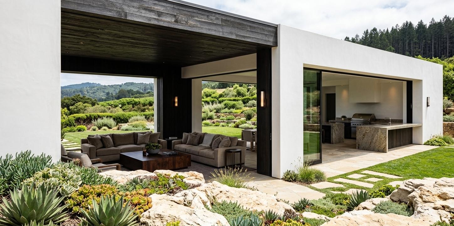 An incredibly lifelike, richly detailed, photorealistic architectural photo of a modern outdoor living space set in a verdant, hilly landscape. The scene is illuminated by midday summer sun, creating a bright, inviting atmosphere. Captured with a [camera/lens details], emphasizing sharp lines and the contrast between sleek architecture and natural surroundings.

The architecture itself is a study in modern minimalism, with clean white stucco walls contrasted against expansive, dark-framed glass panels that blur the lines between indoor and outdoor living. The building is low-slung with a flat roof, featuring subtle overhangs that provide shade. The main focal point is a large, retractable glass wall that completely opens up a well-appointed living area to the outside.

The exterior features an integrated outdoor kitchen area, complete with a built-in grill and a substantial stone countertop, illuminated by modern, wall-mounted fixtures that cast warm light. Adjacent to this, a spacious deck area made of light-colored stone or concrete, with subtle uplighting along the edges, provides ample space for relaxation and entertainment.

The landscaping is lush and sophisticated, with a well-maintained lawn interspersed with stepping stones. Agave plants and other succulents are strategically placed, alongside tropical-looking foliage like large-leafed plants that suggest a warm climate. The overall impression is one of serene, modern luxury that seamlessly integrates with the natural environment.

Looking through the open glass walls, the interior living room is visible, showcasing a contemporary yet comfortable aesthetic. Plush sofas in neutral tones are arranged around a dark wood coffee table. The kitchen area within the house features contemporary cabinetry and appliances, with warm wooden accents providing a touch of organic warmth. The interior is further enhanced by carefully selected indoor plants and subtle ambient lighting that creates a cozy glow. The composition of the photograph draws the eye towards the interplay of light and shadow on the architectural forms and the vibrant greenery, emphasizing the open and airy nature of the design.