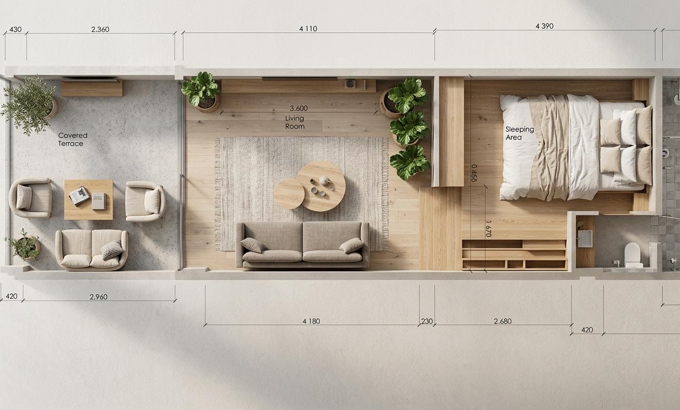 An incredibly lifelike, richly detailed, photorealistic aerial view of a modern, split-level studio apartment, embodying Scandinavian and Baltic minimalism. The scene is illuminated by soft, natural daylight streaming through unseen large panoramic windows, creating a calm and airy atmosphere. Captured with a 35mm lens, the photograph emphasizes the clean lines, open spatial composition, and the tactile qualities of natural materials. The living area, featuring low-profile furniture in a neutral palette of warm whites, sand, light grey, and muted beige, is rendered in textured plaster walls. Oak wood and linen accents are subtly integrated. A distinct circular coffee table and a comfortable sofa suggest a serene gathering space. Crucially, the sleeping area is perched on an elevated platform, accessible by a few minimal wooden steps, creating a subtle visual separation without enclosing the space. This raised bedroom, partly visible from the living room, features a minimalist bed dressed in crisp linens. The architectural composition highlights the volume and spaciousness, devoid of clutter, with soft shadows that define the elegant, functional design and a palpable sense of modern comfort.