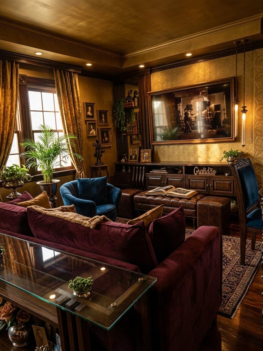 An incredibly lifelike, richly detailed, photorealistic interior photo of a living room set in a stately, historic home. The scene is illuminated by the warm glow of a late afternoon sun casting dramatic shadows and highlights, creating a sophisticated and inviting atmosphere. Captured with a wide-angle lens, emphasizing the grand scale and opulent textures, this reimagined Victorian elegance living room transports you to a bygone era of refined comfort. The original neutral palette has been deepened with shades of deep reds, rich golds, and sumptuous neutrals, creating a sense of warmth and opulence. Carved dark wood furniture, with plush velvet upholstery in jewel tones, anchors the space, while strategically placed classic portrait wall art and curated surfaces adorned with heirloom decor whisper stories of generations past. An oversized, leather-bound photography book lies open on a carved ottoman, inviting exploration, while cascades of indoor plants, nestled in ornate planters, bring life and a touch of organic beauty to the lavish surroundings. The arrangement of furniture is consciously artful, with a grand sofa facing a carefully arranged seating area, encouraging conversation and relaxation. The proportions of the room are balanced, with symmetrical elements like the adjacent, upholstered armchairs flanking a central antique coffee table, all drawing the eye towards a magnificent, ornate fireplace that serves as the room's focal point. The human scale is respected, with comfortable seating heights and accessible display surfaces, ensuring both beauty and functionality. The atmosphere is one of timeless grandeur and intimate luxury.