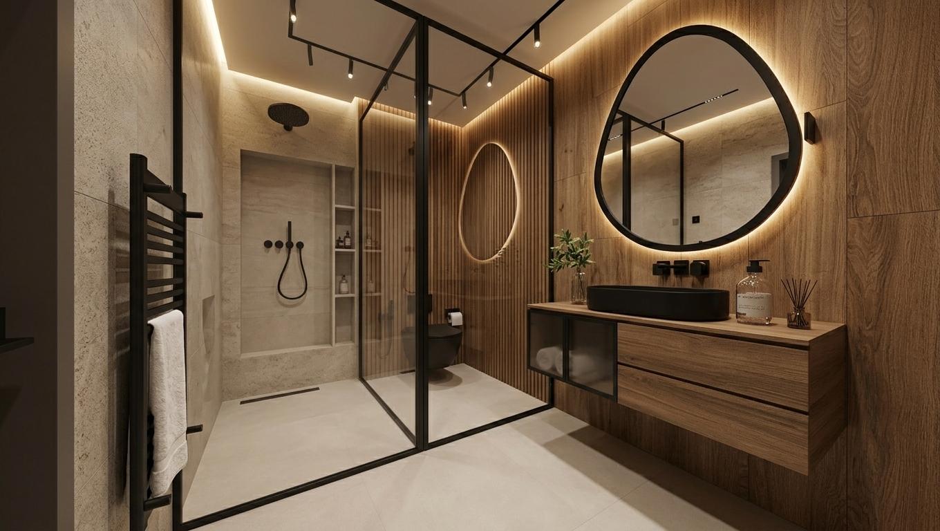 An incredibly lifelike, richly detailed, photorealistic interior photo of a luxurious hotel bathroom, evoking the serene ambiance of a Mediterranean retreat. The scene is illuminated by warm, diffused lighting emanating from concealed strip LEDs in the ceiling and a subtly glowing halo effect behind the custom, irregularly shaped black-framed mirror above the vanity, creating a tranquil and inviting atmosphere. Captured with a wide-angle lens, emphasizing the spacious design and exquisite finishes. The walls are a harmonious blend of textured porcelain and elegant vertical wood strips behind the black toilet bowl, while the area behind the sleek black basin is clad in warm, wood-look porcelain, adding layers of sophisticated texture. The glass-enclosed shower features recessed shelving, an elegant touch that enhances functionality and visual appeal. A matte black heated towel rack with a plush white towel stands against a textured wall, hinting at bespoke comfort. The overall impression is one of refined elegance, modern luxury, and quiet indulgence, perfect for a high-end hospitality experience.