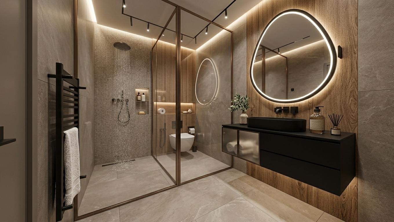 An incredibly lifelike, richly detailed, photorealistic interior photo of a luxury hotel bathroom set in a contemporary and elegant environment. The scene is illuminated by soft, diffused lighting emanating from hidden LED profiles in the ceiling and integrated into the mirror above the vanity, creating a serene and inviting atmosphere. Captured with a wide-angle lens, emphasizing the spaciousness and juxtaposition of materials, the rendering highlights the interplay between smooth, matte porcelain tiles on the floor and walls, the warm, vertical wood strip accents behind the toilet, and the rich, wood-grain porcelain that serves as the backdrop for the vanity. The focal point is the sleek, black, wall-mounted vanity with its seamless, black basin and subtle frosted glass cabinet doors, complemented by the striking, organic-shaped black-framed mirror. To the left, a generously sized walk-in shower features clear glass panels with minimalist bronze framing, revealing a rainfall showerhead and integrated controls, with recessed shelving adding practical elegance. A modern black heated towel rack with a plush white towel stands sentinel by the entrance, hinting at ultimate comfort. The overall impression is one of sophisticated minimalism, where thoughtful material selection and subtle lighting converge to create a tranquil and opulent sanctuary.
