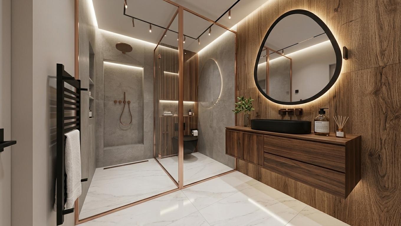 An incredibly lifelike, richly detailed, photorealistic interior photo of a luxury hotel bathroom, envisioned as a minimalist haven. The scene is illuminated by soft, diffused lighting emanating from concealed LED profiles in the ceiling and a warm glow from a hidden light integrated into the frame of the irregularly shaped black mirror above the floating dark wood vanity. This creates an elegantly serene atmosphere. Captured with a wide-angle lens, emphasizing the clean lines and sophisticated materials, the rendering showcases a spacious walk-in shower enclosed by frameless glass panels with rose gold trim. Inside the shower, matte porcelain tiles line the walls, and recessed shelving offers discreet storage. The toilet, a sleek black bowl, is positioned against a striking back wall featuring a sophisticated mix of large-format porcelain tiles and vertical wood strips, adding warmth and depth. Adjacent to the shower, the vanity features a dark wood finish and a minimalist black basin. Its backsplash is a beautifully textured wood-grain porcelain, reflecting the contemporary aesthetic. A black heated towel rail with a plush white towel stands elegantly against the textured cream-colored wall to the left, providing a touch of functional luxury. The polished porcelain floor, with its subtle veining, reflects the gentle illumination, enhancing the sense of space and tranquility. The overall composition is balanced and inviting, with each element meticulously placed to evoke a sense of refined comfort and modern opulence.