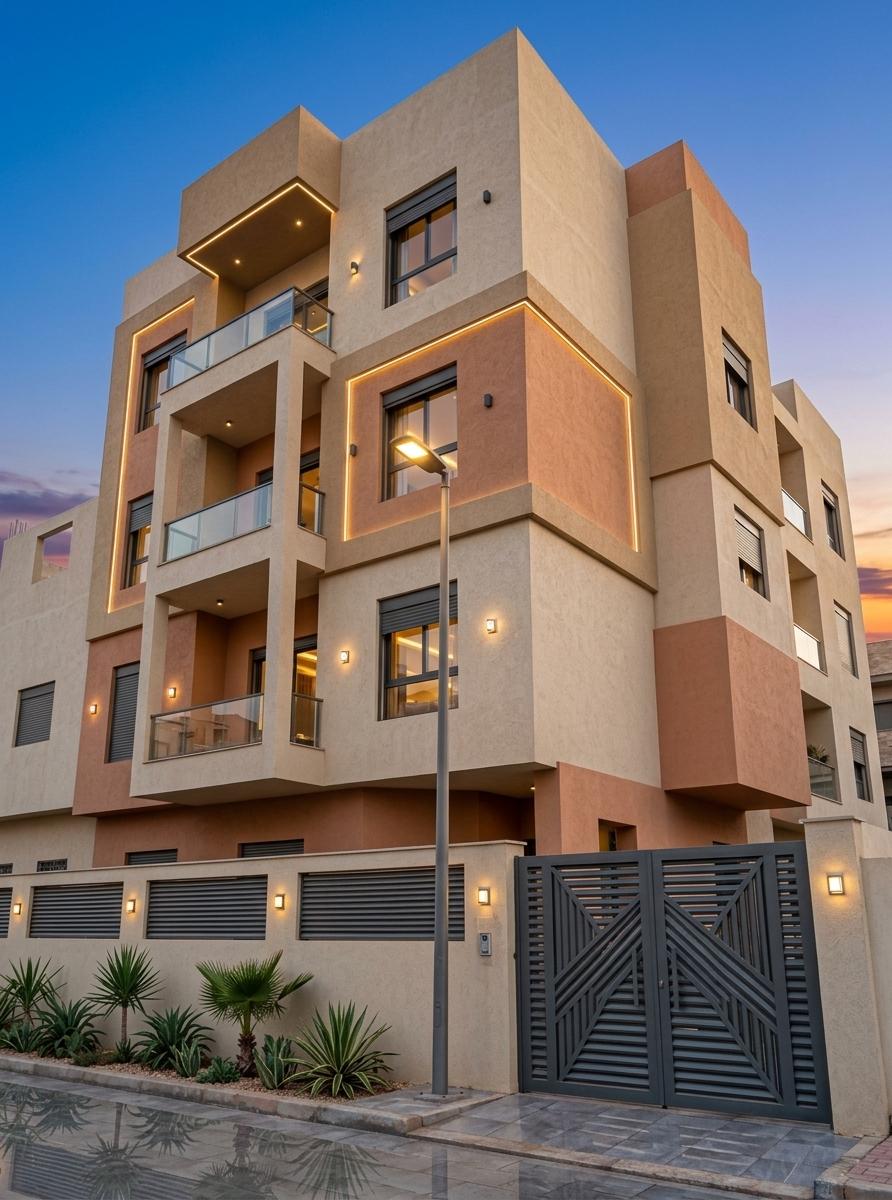 An incredibly lifelike, richly detailed, photorealistic architectural photo of a modern multi-story building set in a bright, sunny urban environment during a summer sunset. The scene is illuminated by a warm LED profile light, creating a welcoming and somewhat opulent atmosphere. Captured with a wide-angle lens, emphasizing sharp lines and the textured stucco facade, the photograph showcases a building composed of interlocking geometric volumes in alternating shades of beige, tan, and a warm terracotta. Recessed windows with dark frames and roller shutters are strategically placed, while minimalist glass balconies jut out, offering glimpses of the interior, hinting at luxurious living spaces. The building, roughly seven stories tall, exudes a sense of contemporary design with its asymmetrical form and contrasting color blocks, suggesting an architectural style that blends modernism with hints of regional aesthetics, perhaps alluding to "Indian exuberance" through its bold material choices and massing, rather than overt ornamentation. The composition is dynamic, with the building occupying the majority of the frame, angled slightly to reveal its depth and complexity. In the foreground, a low wall topped with louvred panels defines the property line, punctuated by modern outdoor lighting. A striking, geometric metal gate in a dark gray hue stands as a statement piece. The landscaping is sparse but elegant, featuring drought-tolerant plants like agave and small palms arranged neatly along the sidewalk, hinting at a well-maintained and possibly arid climate. The paving stones in the foreground and the clear, deep blue sky above contribute to the pristine and upscale feel of the image, suggesting a prosperous and carefully curated residential development.