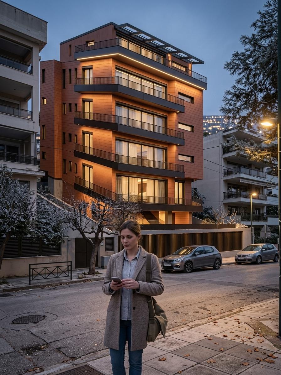 An incredibly lifelike, richly detailed, photorealistic architectural photograph of a multi-story apartment building in the Psychiko area. The scene is dramatically illuminated by the warm glow of streetlights and the distant city, creating a sophisticated and inviting nocturnal atmosphere during a crisp winter evening. Captured with a wide-angle lens, emphasizing the building's modern lines and the contrasting textures of its baked terracotta facade against the sleek, dark metal railings and the minimalist black canopy of the top level. The building stands prominently amidst its urban context, with neighboring structures faintly visible in the background, suggesting a refined, established neighborhood. The rendering masterfully suggests the building's Victorian elegance through its well-proportioned balconies and clean, geometric forms, enhanced by the deep shadows and highlights cast by the ambient lighting. The composition focuses on the main structure, while the surrounding elements, like the hint of winter trees and a quiet street, are rendered with a subtle depth of field, drawing the viewer's eye to the architectural details and the overall impression of timeless design.