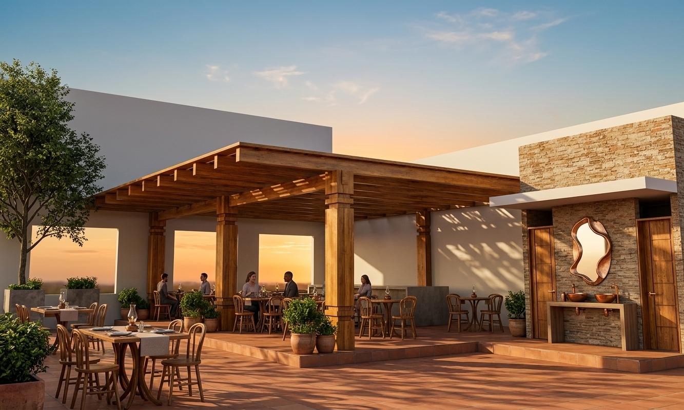 An incredibly lifelike, richly detailed, photorealistic architectural photo of an outdoor patio restaurant bathed in the warm, golden light of a spring sunset. The scene is illuminated by the soft, diffused glow of the setting sun, creating a serene and inviting atmosphere. Captured with a wide-angle lens, emphasizing the rich textures of the aged terracotta brickwork, the warm, polished wood of the pergola and furniture, and the lush green of the surrounding manicured lawn. The composition artfully balances the rustic charm of the colonial classic design with the modern comfort of outdoor dining.

The eye is immediately drawn to the expansive wooden pergola, its intricate beam structure casting long, dappled shadows across the tiled floor, hinting at a gentle evening breeze. Beneath, simple, elegant wooden tables and chairs are arranged, some still occupied by patrons enjoying their meals, their figures softly rendered to suggest movement and life. Potted plants with vibrant green foliage are strategically placed, adding pops of color and life to the scene. To the right, a particularly striking wall of exposed brick showcases an ornate vanity with two gleaming sinks and a uniquely shaped mirror, adding a touch of sophisticated detail. Two wooden doors flank this feature, hinting at accessible amenities. The sky above transitions from a soft, warm orange at the horizon to a clear, tranquil blue higher up, a classic detail of a perfect spring evening. Hints of distant foliage frame the left side of the scene, suggesting a wider, pleasant garden setting, all coming together to create a perfect image of relaxed, timeless outdoor dining.