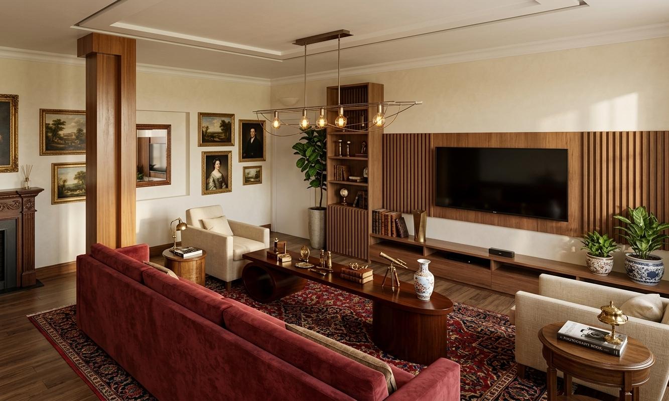 An incredibly lifelike, richly detailed, photorealistic interior photo of a living room set in a stately home. The scene is illuminated by soft, natural light filtering in from unseen windows, creating a warm and inviting atmosphere. Captured with a wide-angle lens, emphasizing the balanced surfaces and symmetrical arrangement of the colonial classic-inspired decor. The furniture, crafted from rich mahogany and cherry wood, exudes a time-honored and refined elegance. A plush, deep-red sofa anchors the foreground, complemented by two comfortable armchairs upholstered in warm neutrals. Mahogany side tables with turned legs flank the seating area, each topped with a classic photography book and a small, ornate lamp. In the center, a grand coffee table, also in dark wood, showcases a meticulously arranged display of antique trinkets and a decorative porcelain vase. The walls are adorned with historical wall art, featuring pastoral landscapes and formal portraits in ornate gold frames. Behind the sofa, a fireplace with a carved mantelpiece is a focal point, subtly hinting at colonial-era decor. Subtle shades of deep reds, blues, and warm neutrals are woven throughout the textiles and decorative elements, creating a harmonious and comfortable ambiance. Discreetly placed indoor plants, housed in ceramic pots, add touches of natural greenery, softening the formal lines of the room. The perspective draws the viewer into the space, highlighting the depth and craftsmanship of each element, creating a truly stately and elegant impression.