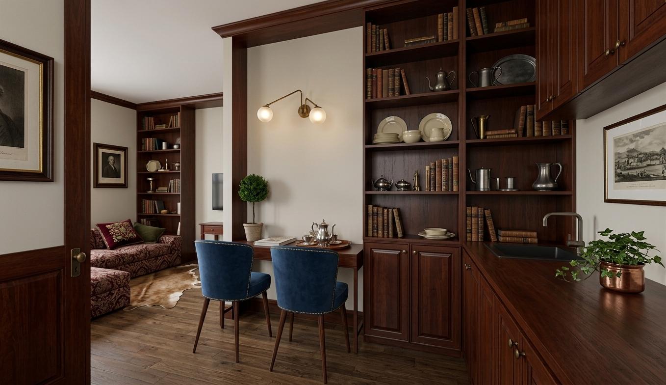 An incredibly lifelike, richly detailed, interior photo of a kitchen rendered in a Colonial Classic style, set within a refined, formal home. The scene is illuminated by a soft, ambient light, creating a comfortable and stately atmosphere. Captured with a wide-angle lens, emphasizing the mahogany and cherry furniture and balanced surfaces. The kitchen features dark wood cabinetry with symmetrical detailing, complementing the time-honored, elegant aesthetic. Shades of deep reds, blues, and warm neutrals are subtly incorporated through historical wall art and decorative elements, including carefully placed indoor plants. The overall composition speaks of a sophisticated, yet inviting space, reminiscent of a photography book showcasing the best of colonial-era decor.