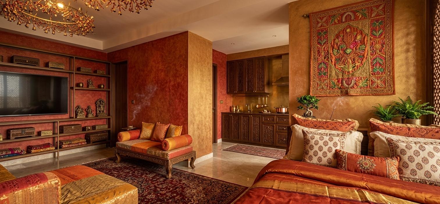 An incredibly lifelike, richly detailed, photorealistic interior photo of a hotel room set in an environment that evokes a sense of Indian exuberance. The scene is illuminated by a warm, inviting light, creating an opulent and spiritual atmosphere. Captured with the clarity of a photography book, the room features a dominant palette of rich reds, oranges, and golds, highlighting the boldness of the Indian-inspired decor. Intricately carved wooden and brass furniture adorns the surfaces, each piece showcasing handcrafted details. Textured Indian textile wall art hangs as a focal point, adding to the vibrant and ornate feel. Subtle hints of indoor plants add a touch of natural serenity amidst the opulence. The composition emphasizes the luxurious and colorful details, while the depth and spatial relationships create an immersive and inviting experience.