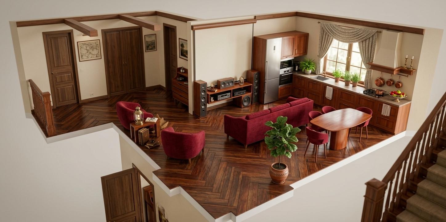 An overhead architectural photograph of a living and dining area in a colonial classic home. The scene is illuminated by soft, diffused natural light filtering through a large window, creating a warm and inviting atmosphere. Captured with a wide-angle lens on a professional DSLR, emphasizing the rich textures of the herringbone patterned hardwood floors, the deep red upholstery of the plush armchairs and sofa, and the polished mahogany and cherry wood of the entertainment center and dining table. The walls are painted in a warm neutral tone, providing a backdrop for the subtle historical wall art visible. The interior is balanced with elements of colonial-era decor, including antique-style lamps and elegant drapery, complemented by the presence of lush indoor plants that add a touch of life and freshness. The composition highlights the flow between the living room, featuring a prominent entertainment setup and comfortable seating, to the adjacent dining area with its stately table and chairs, all contributing to a sense of timeless elegance and refined comfort.