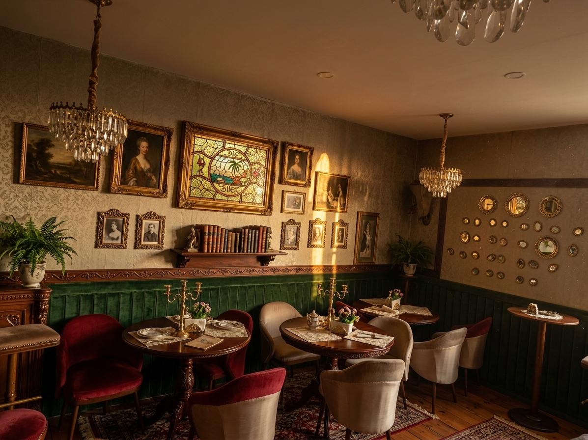 An incredibly lifelike, richly detailed, photorealistic interior photo of a living room set in a grand Victorian manor. The scene is illuminated by the warm, golden hues of a spring sunset streaming through tall, arched windows, casting long shadows and creating a sophisticated, opulent atmosphere. Captured with a Hasselblad X1D II and a 45mm lens, emphasizing the intricate details of the carved wooden furniture, the plush textures of the upholstered seating in shades of deep reds and rich neutrals, and the lustrous sheen of the antique gold accents. The walls are adorned with classic portrait wall art and a curated selection of photography books, while heirloom decor pieces and strategically placed indoor plants add a sense of lived-in elegance. The arrangement of carved wooden tables and plush, upholstered chairs in deep reds and rich neutrals creates intimate seating areas, perfect for conversation and contemplation. A grand, crystal chandelier hangs from the ceiling, its intricate design catching the fading sunlight and reflecting its warm glow throughout the space. A large, ornate fireplace with a mantelpiece displaying family heirlooms anchors one side of the room, while a collection of antique vases and porcelain figures adorn a nearby display cabinet. The space feels both grand and intimately welcoming, a timeless sanctuary of refined living.