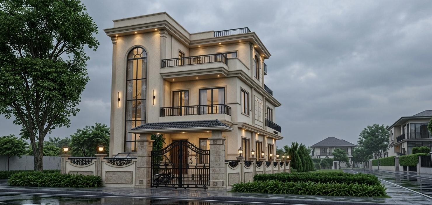 An incredibly lifelike, richly detailed, photorealistic architectural photo of a stately Colonial Classic house exterior set in a suburban neighborhood. The scene is illuminated by the soft glow of exterior lighting against an overcast, moody sky, creating a refined and elegant atmosphere. Captured with a professional lens, emphasizing the time-honored textures of the stucco facade, intricate wrought-iron gates, and manicured greenery, this shot transports the viewer to a world of historical wall art, evoking a sense of comfortable formality. The symmetrical design of the multi-story residence, with its balanced surfaces and imposing columns, speaks to its stately and traditional character. The use of deep reds, blues, and warm neutrals could be imagined within its interior, complemented by mahogany and cherry furniture and colonial-era decor, with indoor plants adding a touch of life. The surrounding landscaping, with its dense hedges and mature trees, further enhances the house's established and elegant presence, while the wet pavement suggests a recent rain, adding to the dramatic and contemplative mood.