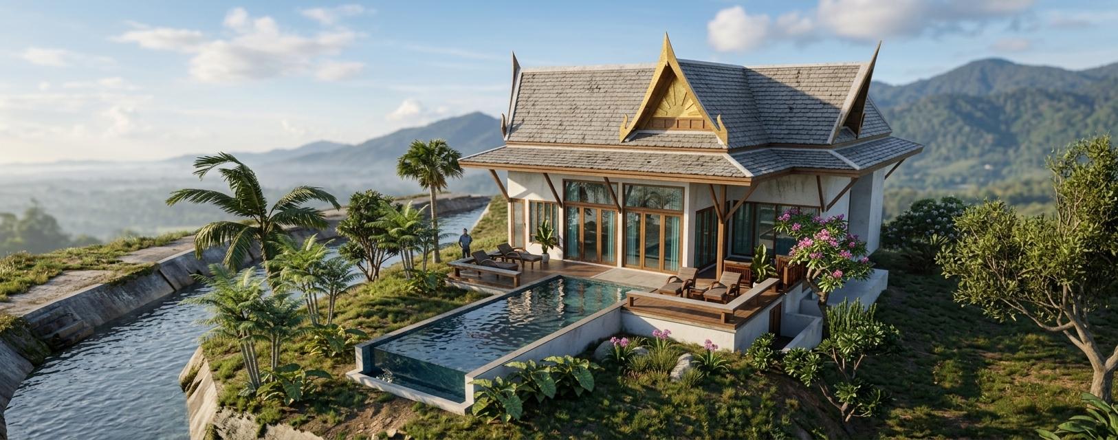The photo captures a luxurious colonial classic villa bathed in the warm, golden light of a sunset, evoking the feeling of a perfect spring evening. The villa, with its distinctively pitched, grey tiled roof and white stucco exterior, stands proudly on a gentle slope overlooking a tranquil body of water. Large, aqua-tinted glass doors and windows of the living room offer panoramic views, blurring the lines between indoor comfort and the lush, tropical landscape. A sleek, rectangular infinity pool with crystal-clear water stretches out from the terrace, inviting relaxation. Surrounding the villa, a vibrant assortment of palm trees, flowering bushes with pink blossoms, and mature, verdant trees create a sense of secluded paradise. The scene is set with loungers on the wooden deck, suggesting an atmosphere of serene leisure and sophisticated living.