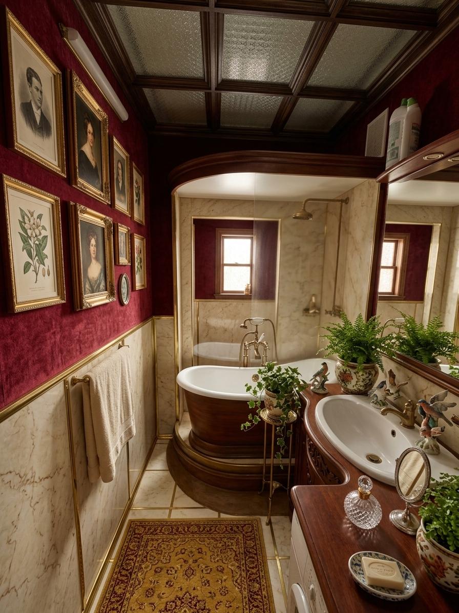 An incredibly lifelike, richly detailed, photorealistic interior photo of a bathroom set in a grand, old-world home. The scene is illuminated by warm, diffused light, creating a sophisticated and opulent atmosphere. Captured with a wide-angle lens, emphasizing the opulent textures and intricate details, this reimagined bathroom embraces Victorian elegance. Gone is the playful wallpaper and utilitarian shower, replaced by walls clad in deep crimson velvet wallpaper, a striking contrast to the creamy marble floor tiles. A magnificent freestanding clawfoot tub, painted a rich, dark wood stain, takes center stage, complemented by an antique brass faucet. The vanity is a carved mahogany piece with an integrated ceramic sink, its surface thoughtfully curated with heirloom decor – delicate porcelain figurines and a silver-framed mirror. A plush, antique Persian rug in shades of gold and deep red anchors the space. On one wall, a curated gallery of classic portrait art, framed in ornate gold, adds a touch of timeless grandeur. Lush indoor plants in ornate ceramic pots bring life and a touch of natural serenity to the sophisticated setting. The arrangement of furniture is balanced, with the tub and vanity creating focal points, while the rug and art provide harmony. The spatial layout feels deliberate and luxurious, inviting one to linger and enjoy the exquisite details.
