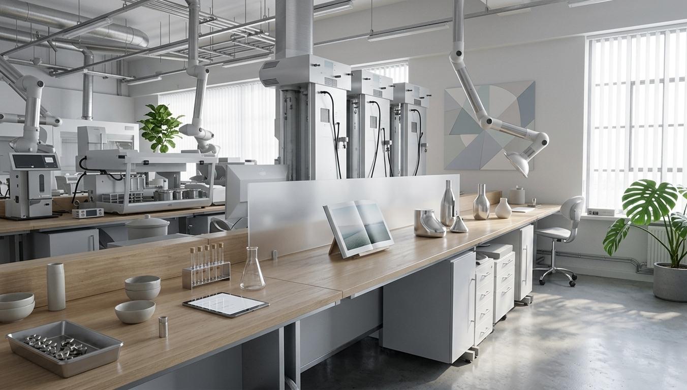 An incredibly lifelike, richly detailed, photorealistic interior photo of a modern loft laboratory set in a sun-drenched attic. The scene is illuminated by bright midday summer light streaming through large industrial windows, creating a serene and uncluttered atmosphere. Captured with a wide-angle lens, emphasizing the clean lines and minimalist aesthetic. The once-functional lab space has been transformed into a minimalist haven, where shades of white, gray, and subtle pastel accents define the space. Sleek metal and light wood furniture, characterized by simple, elegant forms, are strategically placed for both functionality and visual harmony. The countertops, now clear of extraneous equipment, showcase curated pieces like a striking abstract wall art and a carefully chosen photography book. A few strategically placed indoor plants add a touch of organic life to the otherwise monochromatic palette. The overall composition is balanced and spacious, with clear pathways and designated zones for work and relaxation, promoting a sense of Zen-inspired tranquility. The polished concrete floor reflects the abundant natural light, further enhancing the feeling of airy spaciousness.