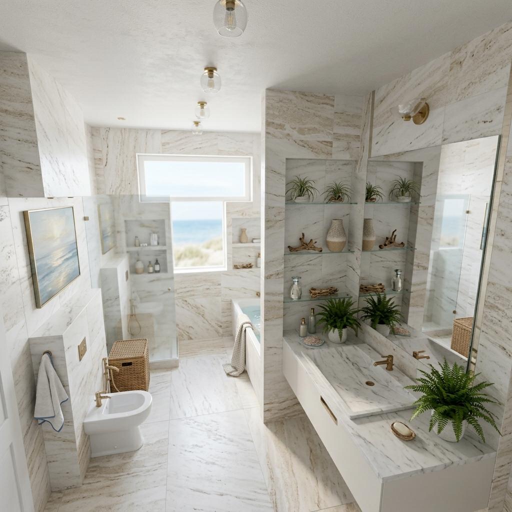 An incredibly lifelike, richly detailed, photorealistic interior photo of a hotel bathroom set in a tranquil coastal environment. The scene is illuminated by soft, natural light streaming in, creating an airy, light, and fresh atmosphere, reminiscent of a sun-kissed beach house. Captured with a wide-angle lens, emphasizing the uncluttered surfaces and abundant natural light, the rendering showcases a harmonious blend of white and sandy neutrals across the marble-tiled walls and floors. Subtle shades of blue are introduced through elegant seascape wall art, complementing the beachy and nautical decor elements. Wicker and wooden accents in the strategically placed furniture and shelving add warmth and texture, while potted plants introduce a touch of green, enhancing the relaxed and inviting feel. The spatial relationships between the modern fixtures—a sleek vanity with a vessel sink, a pristine bathtub, and a wall-mounted toilet with a bidet—are clearly defined, contributing to the overall sense of openness and serenity. The composition is masterfully balanced, with the expansive mirror reflecting the room and subtly hinting at a broader seascape view outside, inviting a sense of peaceful escapism.