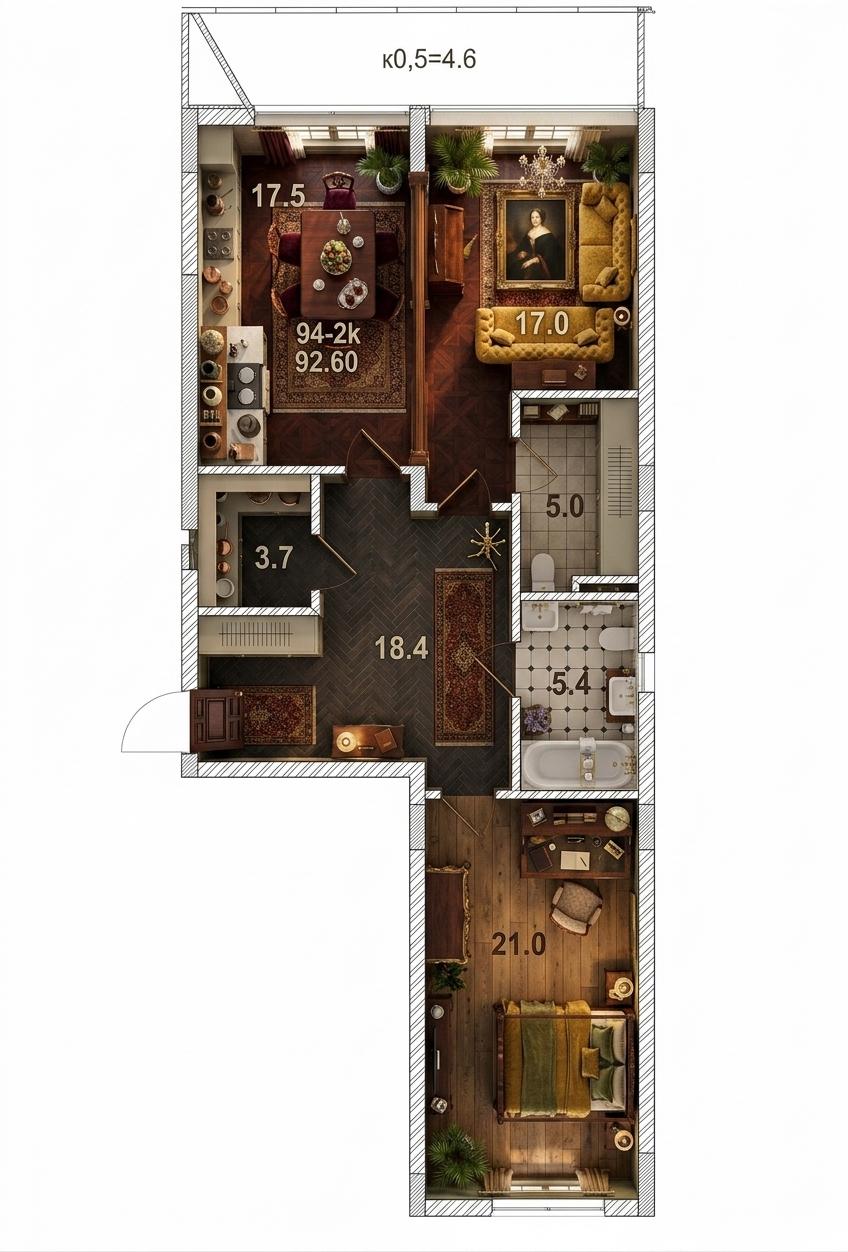 An incredibly lifelike, richly detailed, photorealistic floorplan photo of a Victorian-inspired apartment interior that exudes an aura of timeless elegance. The scene is illuminated by soft, ambient light that hints at a late afternoon sun, creating a sophisticated and inviting atmosphere, as if captured for a high-end interior design photography book. Visually, areas like the living space (17.0 sq m) and dining area (17.5 sq m) offer hints of grand proportions, suggesting a layout suitable for classic portrait wall art. The palette, implied by the detailed textures, leans towards shades of deep reds, rich golds, and refined neutrals, which would beautifully complement carved wooden and plush upholstered furniture. Surfaces are curated and intentionally styled, showcasing heirloom decor and subtle touches of greenery from indoor plants, further enhancing the opulent and intricate feel of this grand, refined space.