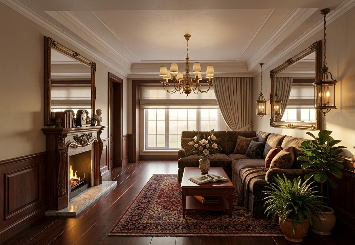 An incredibly lifelike, richly detailed, photorealistic interior photo of a colonial classic living room set in an elegant, stately home. The scene is illuminated by the soft, golden light of a sunrise filtering through a large window, casting long, warm shadows and creating a comfortable, refined atmosphere. Captured with a high-resolution lens, emphasizing the textures of dark, polished mahogany and cherry furniture, the subtle sheen of aged historical wall art, and the deep hues of reds, blues, and warm neutrals that define the room's color palette. Balanced surfaces showcase traditional, time-honored decor, with a photography book resting on a solid coffee table, and lush indoor plants adding touches of natural vibrancy. The composition feels symmetrical and elegant, evoking the grandeur of a bygone era, with every element meticulously placed to convey a sense of enduring colonial charm and stately comfort.