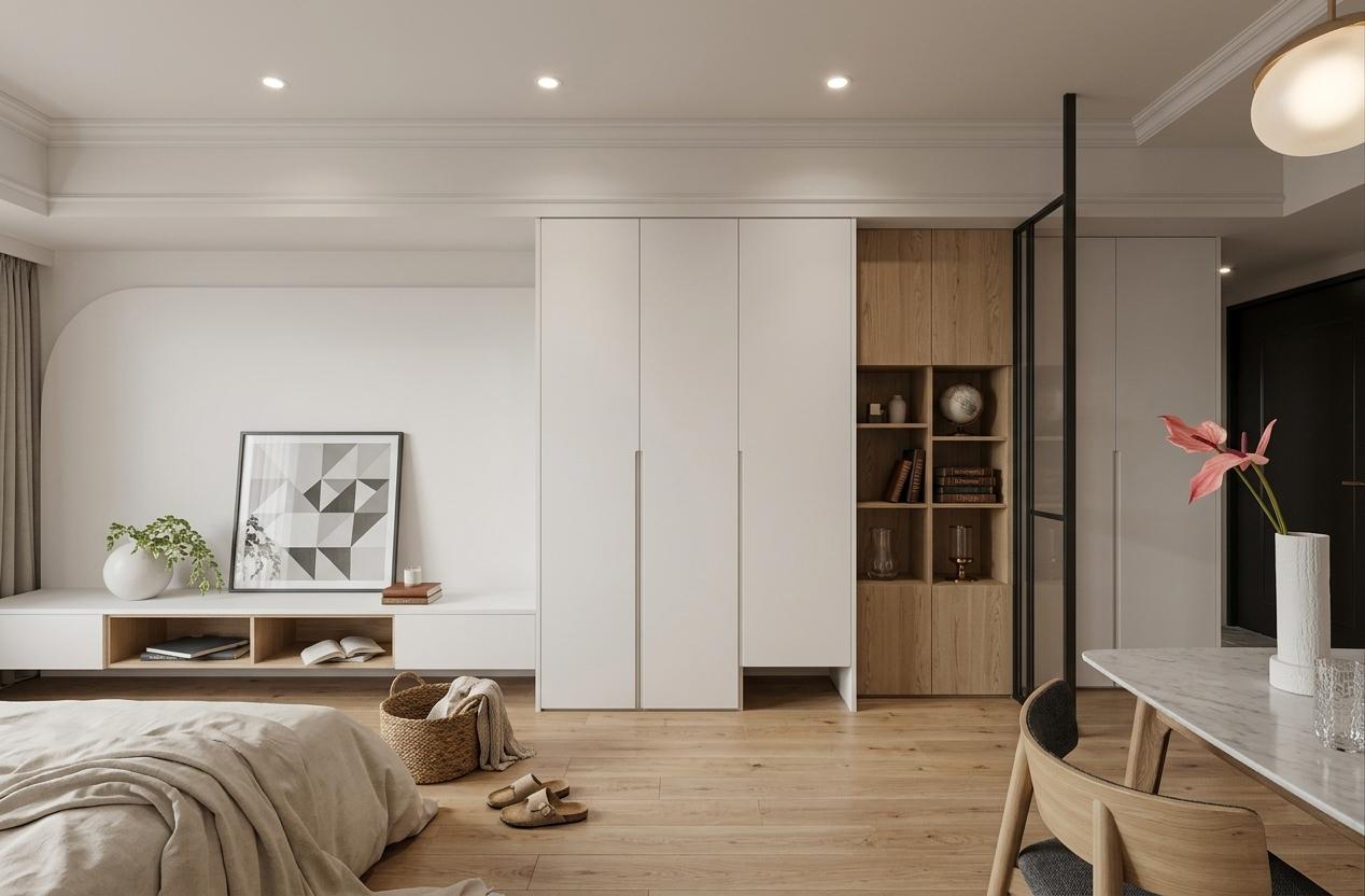 An incredibly lifelike, richly detailed, photorealistic interior photo of a living room set in a modern apartment. The scene is illuminated by a soft, ambient glow from recessed ceiling lights and a statement pendant fixture, creating a serene and inviting atmosphere. Captured with a wide-angle lens, emphasizing the seamless flow between different functional areas and the interplay of light and shadow on the meticulously chosen materials. The overall style has been shifted to American style, with the addition of elegant ceiling moldings that introduce a touch of Victorian elegance, without altering the existing layout, hard finishes, soft furnishings, paneling, colors, lighting, or camera angle. The warm, light wood flooring provides a natural foundation, leading the eye to a sleek, continuous white entertainment unit that grounds the space. On the wall, artwork with a geometric motif is thoughtfully placed, complemented by a minimalist white vase holding a delicate green plant. Adjacent to this, a substantial white wardrobe with subtle, integrated handles dominates one wall, its clean lines softened by an open shelving unit crafted from light oak, displaying carefully curated decorative objects and books. To the right, a dining area emerges, featuring a minimalist marble-topped table with carved wooden legs, paired with a light wood chair upholstered in a charcoal fabric. A striking tall white vase holding a vibrant pink anthurium flower adds a bold pop of color and sculptural interest. The original layout's balance and human-scale proportions are maintained, with the added crown molding enhancing the verticality and sophistication of the space. This reimagined interior evokes a sense of refined comfort, where modern simplicity meets classic American charm, perfect for quiet evenings or intimate gatherings.
