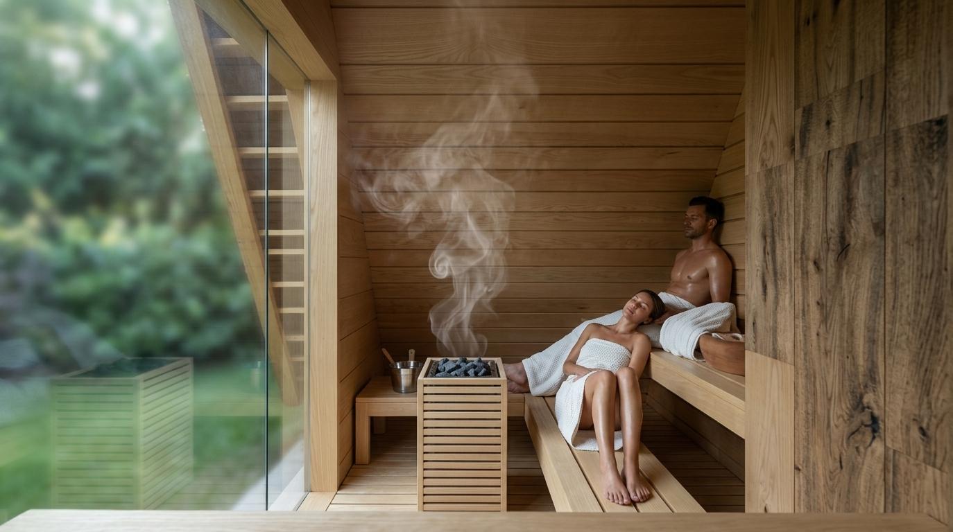 An incredibly lifelike, richly detailed, photorealistic wide-angle interior shot of a private minimalist sauna set within a high-end luxury hotel suite. The scene is illuminated by soft, ethereal natural light streaming through a newly installed floor-to-ceiling window on the left wall, creating a serene and meditative atmosphere that blends the warmth of the interior with the cool, blurred greens of an external landscape. Captured with a professional 35mm lens, the rendering emphasizes the tactile, organic texture of the blonde ash wood planks and the smooth, seamless finish of the floating benches. Inside this wooden sanctuary, a couple is seen relaxing in peaceful repose, wrapped in plush, heavy-knit white towels, their skin catching a subtle, healthy sheen from the rising humidity. Wisps of translucent steam curl elegantly from the dark basalt stones atop the heater, swirling toward the sharp peak of the A-frame ceiling, while the interplay of light and shadow across the rhythmic horizontal slats adds a profound sense of depth and architectural scale. The composition perfectly balances the geometric precision of the minimalist design with the soft, human element, presenting a quintessential haven of wellness and modern sophistication.