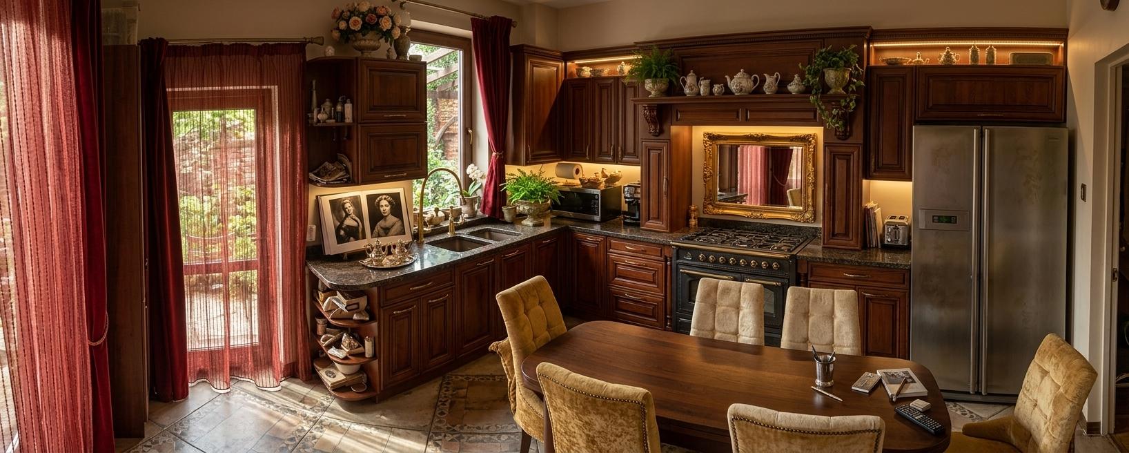 An incredibly lifelike, richly detailed, photorealistic interior photo of a sophisticated kitchen set in a grand Victorian townhouse. The scene is illuminated by soft, warm ambient light, with dappled sunshine filtering through sheer, deep red velvet curtains, creating an opulent and inviting atmosphere. Captured with a wide-angle lens, emphasizing the intricate details of carved wooden cabinetry in a deep mahogany finish, juxtaposed with plush, upholstered seating in shades of gold and rich cream. The countertops are a polished, dark granite, carefully curated with antique silver tea sets, a magnificent photography book open to a striking classic portrait, and a profusion of heirloom decor. Floating shelves above the counter display an array of meticulously arranged antique ceramic pieces and an urn overflowing with blooming roses, interspersed with strategically placed indoor plants in ornate planters. A large, ornate gilded mirror hangs above the traditional range, reflecting the warm glow of hidden LED strip lighting within the cabinetry, enhancing the sense of depth and luxury. The original layout is maintained but enhanced; the focal point is now a magnificent cast-iron range with intricate detailing, and the dining area is defined by a substantial, dark wood farm table surrounded by high-backed, upholstered chairs. This reimagined kitchen evokes a sense of timeless elegance and refined living, perfect for quiet mornings with a cup of tea or intimate gatherings with loved ones, with the subdued sounds of the city muffled by the thick velvet drapery.