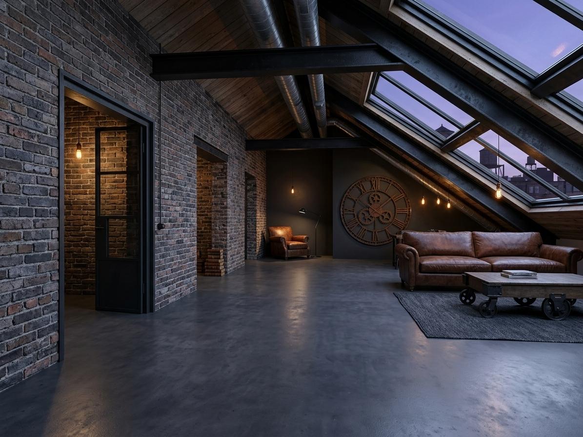 An incredibly lifelike, richly detailed, photorealistic wide-angle interior shot of a reimagined industrial attic loft set in a converted urban warehouse. The scene is illuminated by a blend of cool, blue-hour light streaming through oversized skylights and the warm, amber glow of Edison-bulb pendant lights, creating a moody, sophisticated atmosphere. Captured with a 24mm wide-angle lens, emphasizing the sprawling concrete floors and the rugged textures of the exposed architectural elements.

This reimagined design transforms the raw, unfinished attic into a masterclass in Industrial Loft aesthetics. The light wood flooring is replaced with seamless, polished charcoal concrete that reflects the ambient light with a soft, matte sheen. The OSB partition wall has been swapped for a feature wall of reclaimed Chicago common brick in varied shades of soot-gray and deep rust, providing a tactile, historical anchor to the room.

Stretching across the high, sloped ceilings are heavy, black-painted steel I-beams and exposed galvanized steel ductwork, emphasizing the space's structural honesty. A massive, four-foot diameter wall clock made of weathered iron and gears hangs prominently on the main vertical wall, its rusted patina serving as a functional piece of art. 

In the center of the room, a deep-seated vintage leather sofa in a rich tobacco hue invites relaxation; its surface shows the beautiful grain and wear of aged hide. This is paired with a low-profile coffee table crafted from thick slabs of reclaimed oak and heavy industrial casters. Accents of matte black metal appear in the slim-profile floor lamps and a minimalist bookshelf tucked into the eaves.

The composition utilizes the room's unique geometry to create distinct zones. A small reading nook is nestled under the secondary skylight, featuring a distressed leather armchair and a small side table holding a collection of hardcover photography books. Through the glass, the view overlooks a silhouette of city rooftops and water towers against a darkening violet sky, grounding the interior in its urban context.

The color palette is meticulously curated, leaning heavily into shades of obsidian, slate, and charcoal, punctuated by the warm, organic tones of the leather and the oxidized oranges of the rust-finished accents. The balance of the room is achieved through the contrast between the cold, hard surfaces of the concrete and metal against the warmth of the natural wood and soft textiles of a graphite-colored wool rug. Every detail, from the tactile crunch of the brick to the smooth, cold touch of the steel beams, is rendered with absolute clarity, offering a space that feels both expansive and intimately lived-in.