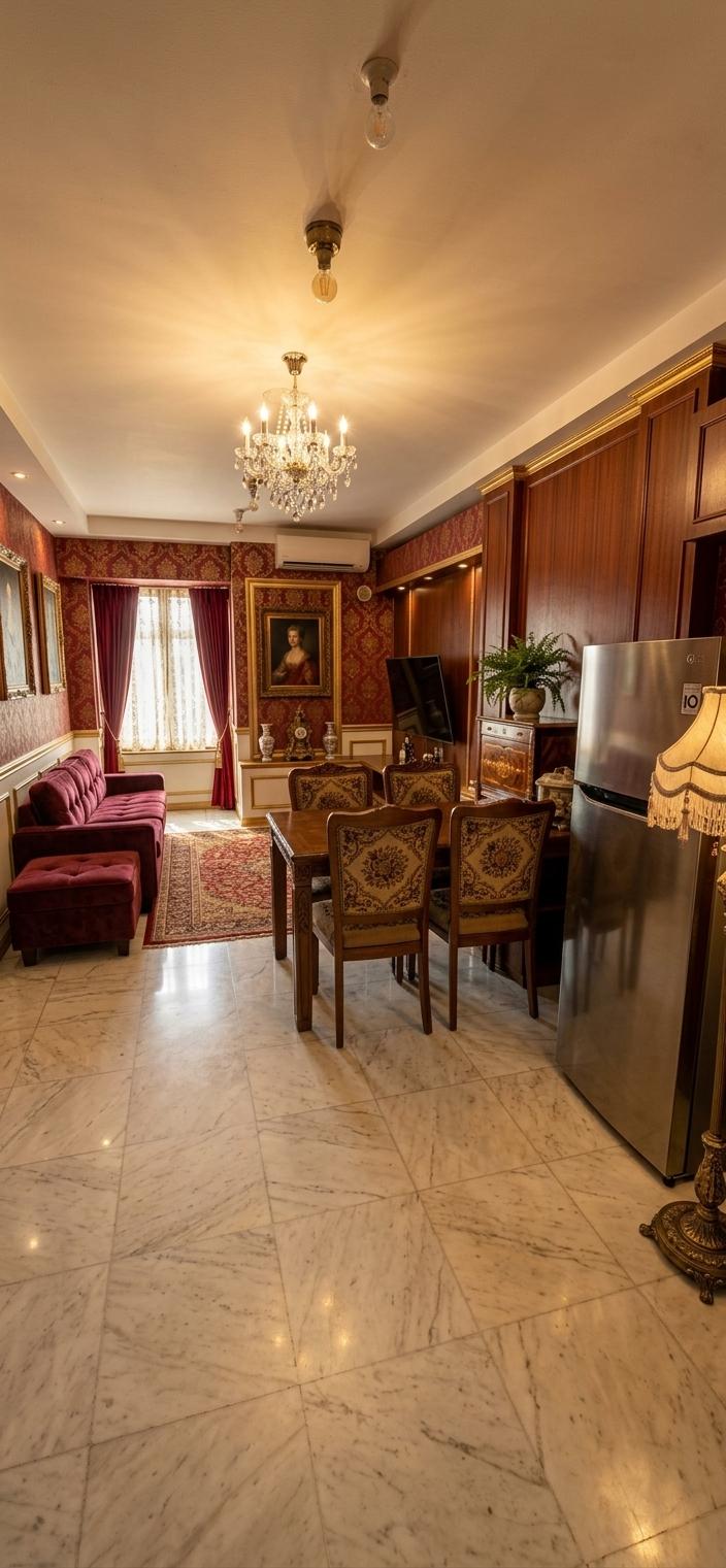 An incredibly lifelike, richly detailed, photorealistic wide-angle shot of a grand Victorian parlor set in an upscale heritage residence. The scene is illuminated by the soft, diffused glow of high midday summer sun filtering through layered lace sheers and heavy crimson velvet drapery, creating a warm, golden, and opulent atmosphere. Captured with a high-end 35mm lens, emphasizing the tactile richness of tufted upholstery, the glint of hand-polished mahogany, and the intricate weave of a silken Persian rug in shades of ruby and ochre. Deep red damask wallpaper meets ivory wainscoting adorned with gilded moldings, providing a sophisticated backdrop for ornate, carved walnut furniture, including a plush burgundy velvet sofa and a grand dining set with needlepoint chairs. Curated surfaces feature heirloom brass clocks and delicate porcelain vases, while lush indoor ferns in marble planters bring life to the corners, and the ceiling is anchored by a majestic multi-tiered crystal chandelier that scatters prismatic light onto walls hung with classic oil portraits in heavy gold-leaf frames. The space feels perfectly balanced and timeless, with meticulously proportioned architectural details that transform the layout into a cohesive masterpiece of historical refinement and lavish, human-scaled comfort.