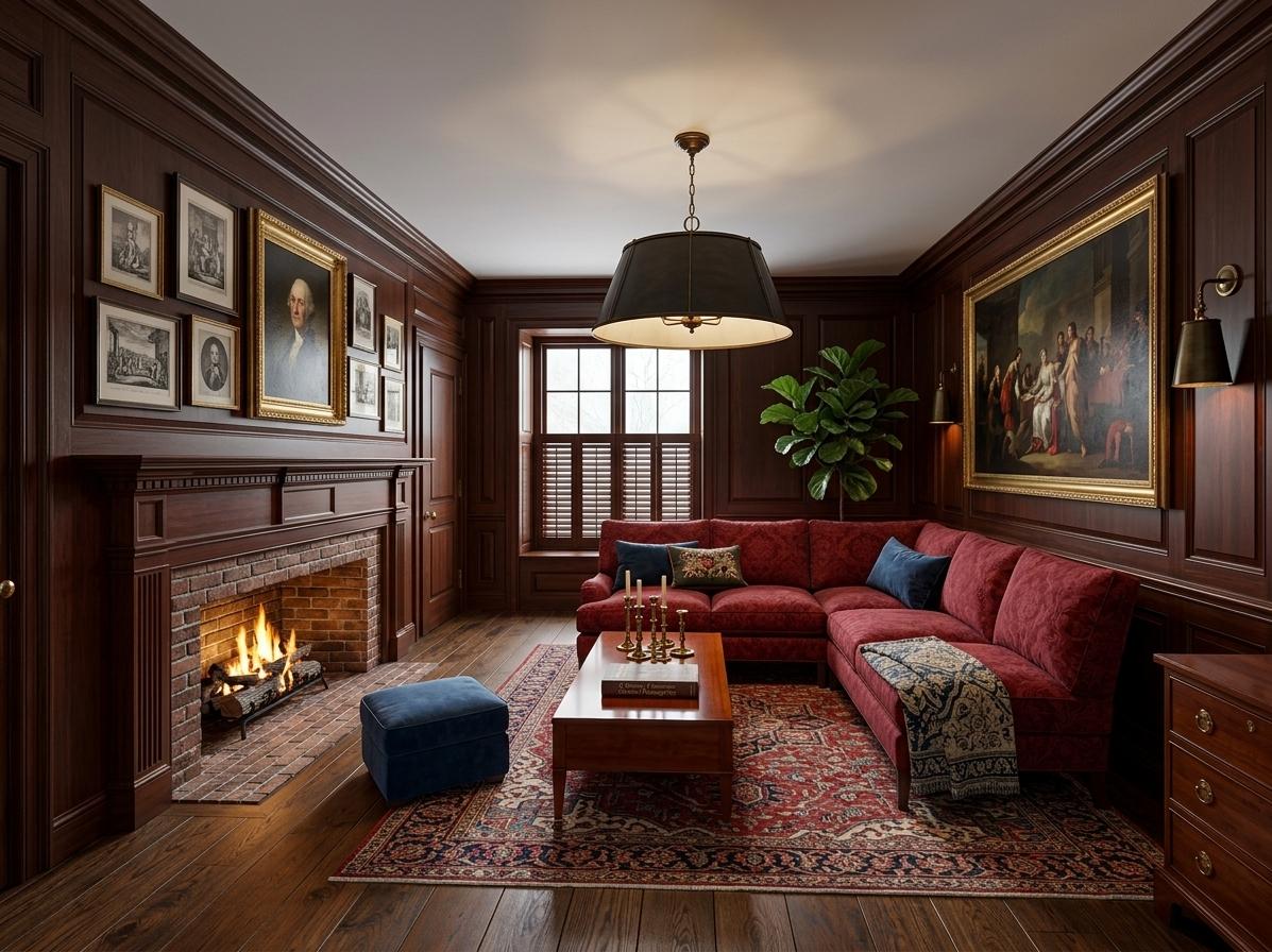 An incredibly lifelike, richly detailed, photorealistic interior photograph of a colonial classic living room. The scene is illuminated by a soft, ambient light emanating from sconces and a central chandelier, creating a warm and inviting atmosphere. Captured with a wide-angle lens, emphasizing the spaciousness and the meticulous balance of the room, the photograph draws the viewer's eye to the dark wood paneling and stately furniture. Shades of deep reds, blues, and warm neutrals define the color palette, appearing in the plush upholstery of the sofa and accent chairs, as well as in the rich tones of the mahogany and cherry wood furniture. Historical wall art, possibly framed engravings or oil paintings, adorns the walls, hinting at a time-honored aesthetic. The surfaces are balanced and refined, featuring elements of colonial-era decor such as brass accents and perhaps a collection of porcelain. A photography book rests invitingly on a detailed coffee table, suggesting a room meant for both contemplation and conversation. Strategically placed indoor plants add a touch of natural life, softening the formal lines. The overall impression is one of comfortable elegance and timeless style, a perfectly preserved slice of history.