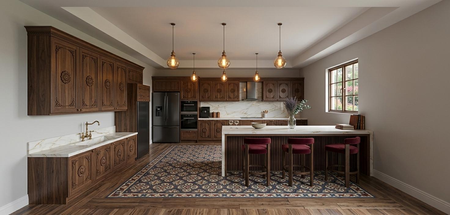 An incredibly lifelike, richly detailed, photorealistic interior photo of a Victorian-inspired kitchen set within a modern, minimalist architectural shell. The scene is illuminated by warm, inviting pendant lights that cast a soft glow, creating a sophisticated and cozy atmosphere. Captured with camera and lens details that emphasize the high-quality finishes and intricate design elements, the rendering showcases the juxtaposition of old-world charm and contemporary design. The cabinetry, finished in a rich, dark wood with ornate detailing, hints at Victorian elegance, while the sleek countertops and modern appliances speak to current trends. The polished marble island with its delicate veining serves as a focal point, complemented by plush bar stools, adding a touch of luxury. The overall composition draws the eye through the spacious layout, highlighting intricate details like the textured cabinet panels and the subtle gleam of the stainless steel refrigerator, all contributing to a luxurious and inviting ambiance.