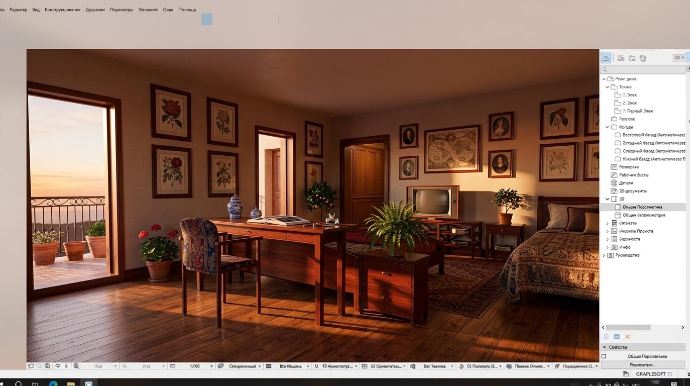 An incredibly lifelike, richly detailed, photorealistic interior photo of a bedroom set in an elegant environment. The scene is illuminated by the warm glow of a sunset, casting long shadows across the room, creating a cozy and intimate atmosphere. Captured with a wide-angle lens, emphasizing the intricate details of the colonial classic style, with its traditional, stately, symmetrical, and time-honored elements. The walls are adorned with historical wall art, featuring shades of deep reds, blues, and warm neutrals, complementing the rich mahogany and cherry furniture. Balanced surfaces are evident throughout the room, from the intricately carved desk to the comfortable seating, all reflecting a refined and formal aesthetic. Colonial-era decor is thoughtfully integrated, including delicate porcelain accents and lush indoor plants that add a touch of life and freshness to the otherwise stately surroundings. The overall impression is one of comfortable elegance, inviting viewers to imagine themselves immersed in a bygone era, flipping through a well-worn photography book.