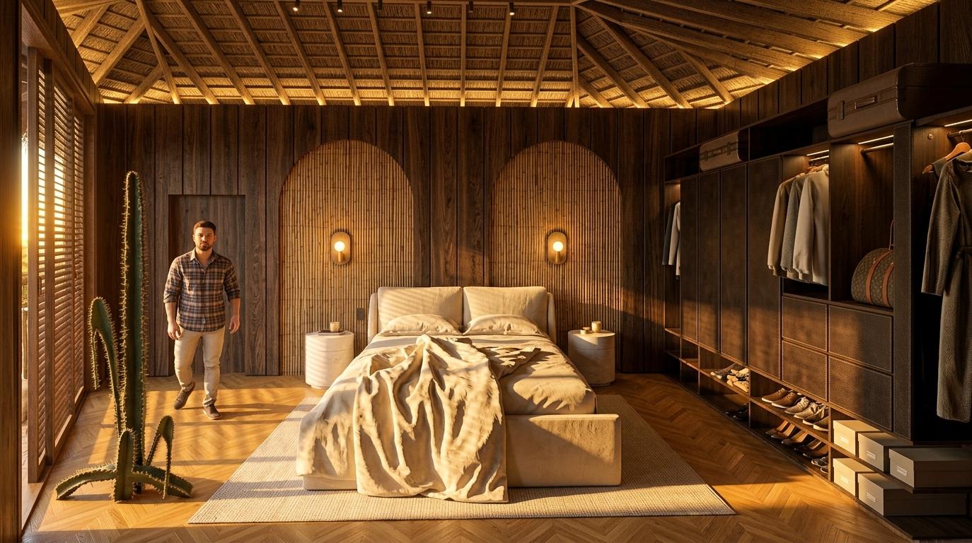 An incredibly lifelike, richly detailed, photorealistic eye-level shot of a high-end sustainable bedroom set in a luxury eco-resort. The scene is illuminated by the intense, golden glow of a summer sunset filtering through a slatted window, casting long, dramatic shadows across the space, complemented by discreet warm LED strips tucked into the ceiling coves and soft, amber-toned spot lighting that accentuates the architectural textures, creating a sophisticated and cozy atmosphere. Captured with a 35mm wide-angle lens, emphasizing the rich, organic textures of the deep-grained vertical wood wall panels and the intricate fibrous detail of the decorative bamboo arches positioned precisely behind the bed. The plush bed is dressed in rumpled, high-quality cream linens that catch the low sun, flanked by two minimalist cylindrical nightstands crafted from honed white stone with a delicate matte finish. To the right, an expansive, open-concept wardrobe blends Victorian-inspired elegance with modern sustainability, showcasing dark, textured leather-like drawer fronts and meticulously organized garments. Below, the polished light-oak herringbone floor reflects the honeyed light, while the complex thatched ceiling with its sturdy timber rafters adds a sense of artisanal warmth. A tall, sculptural cactus in the foreground and a man standing near the entrance add scale and life to this tranquil, aesthetic retreat.