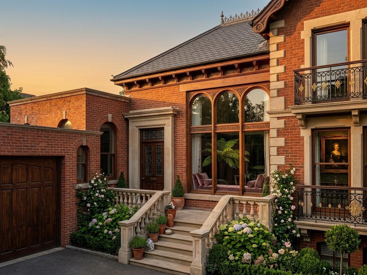 An incredibly lifelike, richly detailed, photorealistic architectural photo of a sophisticated Victorian-style house exterior, bathed in the warm glow of a late afternoon sun. The scene is illuminated by soft, directional lighting casting long, elegant shadows, creating a timeless and grand atmosphere. Captured with a wide-angle lens, likely from a magazine feature, emphasizing the intricate details of the carved wooden window frames and plush, upholstered window seats visible through the large, ornate glass panes. The facade, a masterpiece of refined architecture, is rendered in shades of deep reds and rich neutrals, accented with subtle gold detailing on the wrought-iron balconies. The house's grandeur is further enhanced by curated surfaces, with lush outdoor planters featuring heirloom decor and vibrant indoor plants peeking through the windows, suggesting a life of opulent comfort. The composition highlights the building's intricate facade and its stately presence, hinting at a sophisticated interior with a classic portrait wall art visible in the entryway, all contributing to a sense of enduring elegance and lavish design.