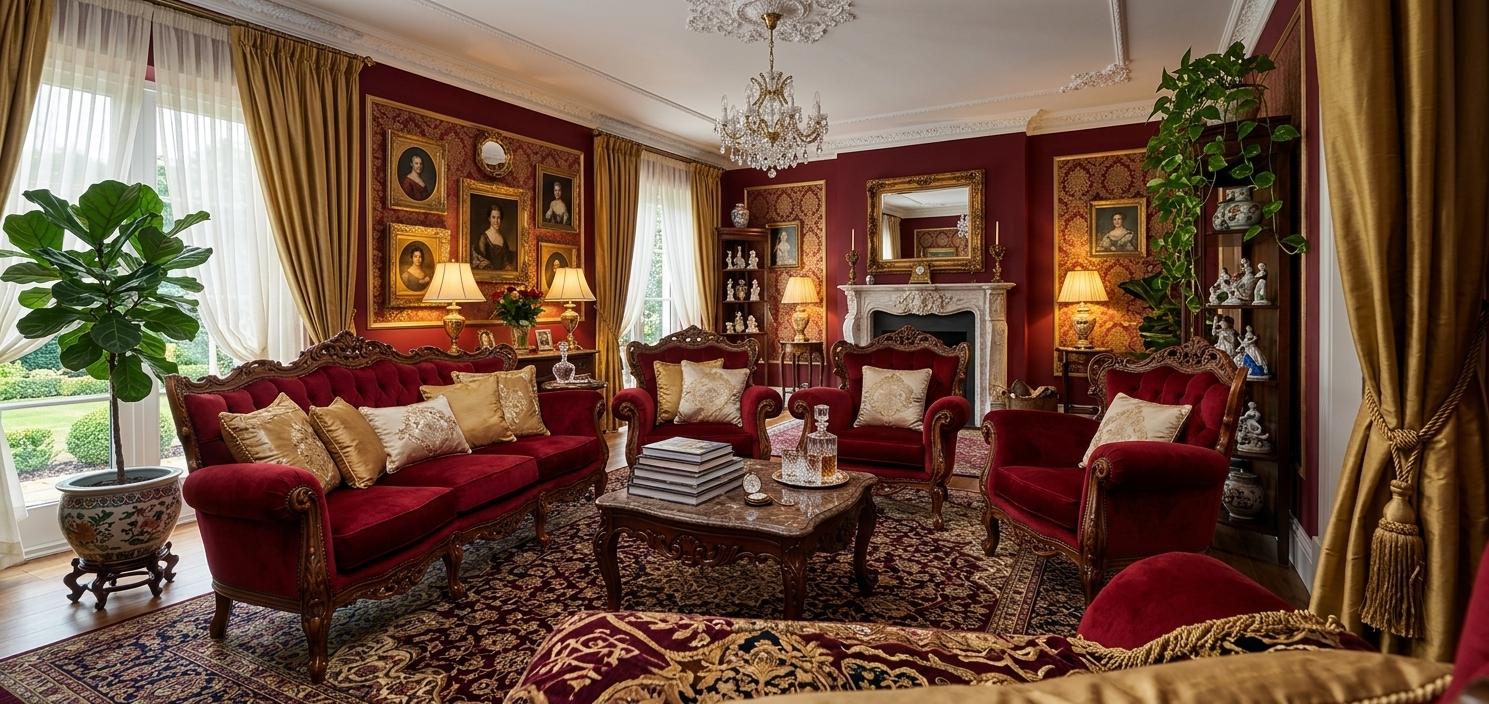 An incredibly lifelike, richly detailed, photorealistic interior photo of a living room set in a grand residential space. The scene is illuminated by a mix of warm, ambient light from strategically placed lamps and soft, diffused natural light filtering through sheer curtains, creating a sophisticated and inviting atmosphere. Captured with a wide-angle lens, emphasizing rich textures and intricate details.

This reimagined living room embraces Victorian elegance, transforming the existing space into a sanctuary of opulence and timeless style. The walls, previously a vibrant yellow and orange, are now treated to a deep, luxurious shade of crimson, accented with intricate gold damask wallpaper on select panels. The ceiling, which showed signs of wear, is now a pristine white with ornate plasterwork and a statement crystal chandelier that casts a warm, inviting glow.

The existing brown upholstered furniture is replaced with a grand sectional sofa and two matching armchairs upholstered in a rich, deep red velvet. These pieces feature carved wooden frames with elaborate scrollwork and are complemented by plush scatter cushions in gold and cream silk with intricate embroidery. A large, antique Persian rug with a complex pattern in shades of burgundy, gold, and deep navy anchors the seating area. The coffee table is a substantial antique mahogany piece with carved details and a polished marble top, adorned with a meticulously arranged stack of photography books and a crystal decanter.

The space is curated with an array of heirloom decor. On one wall, a "classic portrait wall art" arrangement features a collection of framed antique portraits and gilded mirrors, adding depth and a sense of history. Beside this, a curated display shelf showcases vintage porcelain figurines and artisanal pottery. To the other side, a contemporary, sleek entertainment unit is replaced by a grand, dark wood console table with carved lion-paw feet. This console houses a large, modern television discreetly, ensuring entertainment doesn't detract from the room's elegant aesthetic. Instead of the current wall hangings, we envision contemporary sculptures and framed botanical prints that echo the natural feel of the indoor plants.

Several lush indoor plants, including a large Fiddle Leaf Fig in a decorative ceramic pot and a trailing Pothos on a high shelf, bring life and a touch of nature into the room, softening the richness of the materials and colors. The sheer curtains are replaced with heavier, opulent silk drapes in a deep gold, lined to provide better light control and an even more luxurious feel. These drapes are held back by tasseled tie-backs, cascading elegantly to the floor.

The arrangement of furniture is designed to foster conversation and a sense of intimacy. The sectional sofa and armchairs are arranged in a conversational semicircle around the coffee table, facing the fireplace (imagined on the wall where the TV currently is, with a grand mantelpiece and ornate mirror above it). This layout promotes a balanced and harmonious flow, emphasizing the room's proportions and human scale. The lighting is a critical element here; besides the chandelier, antique-style table lamps with fabric shades are placed on side tables, casting pools of warm light and highlighting the intricate textures.

The atmosphere is one of sophisticated comfort and understated grandeur, a space designed for quiet evenings, intimate gatherings, or simply indulging in the pleasure of refined surroundings. The windows, currently adorned with simple curtains, would ideally look out onto a manicured garden, visible through the sheer panels during the day—a glimpse of verdant greenery softening the rich interior colors. As evening approaches, the warm glow of the lamps would create a cozy, intimate ambiance, making the room feel even more inviting. The visual weight of the furniture is balanced, with substantial pieces offset by the delicate details of decorative objects and the organic forms of the plants. The overall effect is one of timeless elegance, a room that feels lived-in yet impeccably styled, exuding warmth and sophisticated charm.