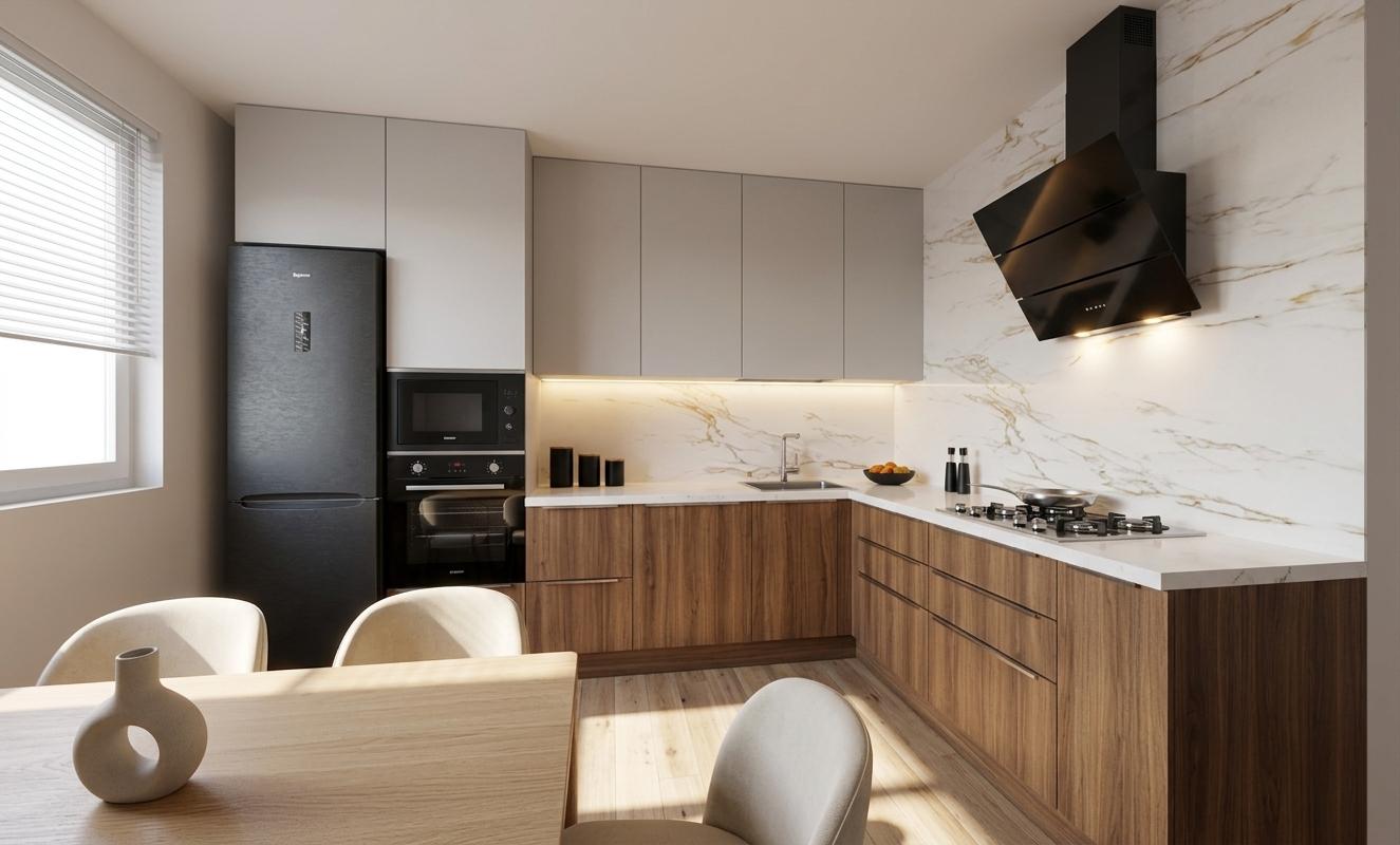 An incredibly lifelike, richly detailed, photorealistic interior shot of a contemporary kitchen and dining space set in a sun-drenched urban apartment. The scene is illuminated by the bright, filtered glow of a summer midday sun passing through slim white horizontal blinds, complemented by the warm, focused radiance of integrated LED strips beneath the upper cabinets and a soft, functional light emanating from the stylish black angled extractor hood, creating a bright and energetic atmosphere. Captured with a 24mm wide-angle lens, emphasizing the organic depth of the walnut cabinetry grain and the luxurious gold and amber veining within the marble backsplash that lends a touch of Indian exuberance to the modern aesthetic. A minimalist dining group featuring a light-oak table and cream-colored upholstered chairs sits elegantly in the foreground, accented by a single sculptural ceramic vase. The polished white quartz countertops are sparsely decorated with minimalist matte black accessories, contrasting beautifully with the textured charcoal refrigerator and sleek integrated appliances. Light-toned wooden floorboards stretch across the room, catching soft reflections and enhancing the spatial continuity of this impeccably finished and vibrant culinary haven.