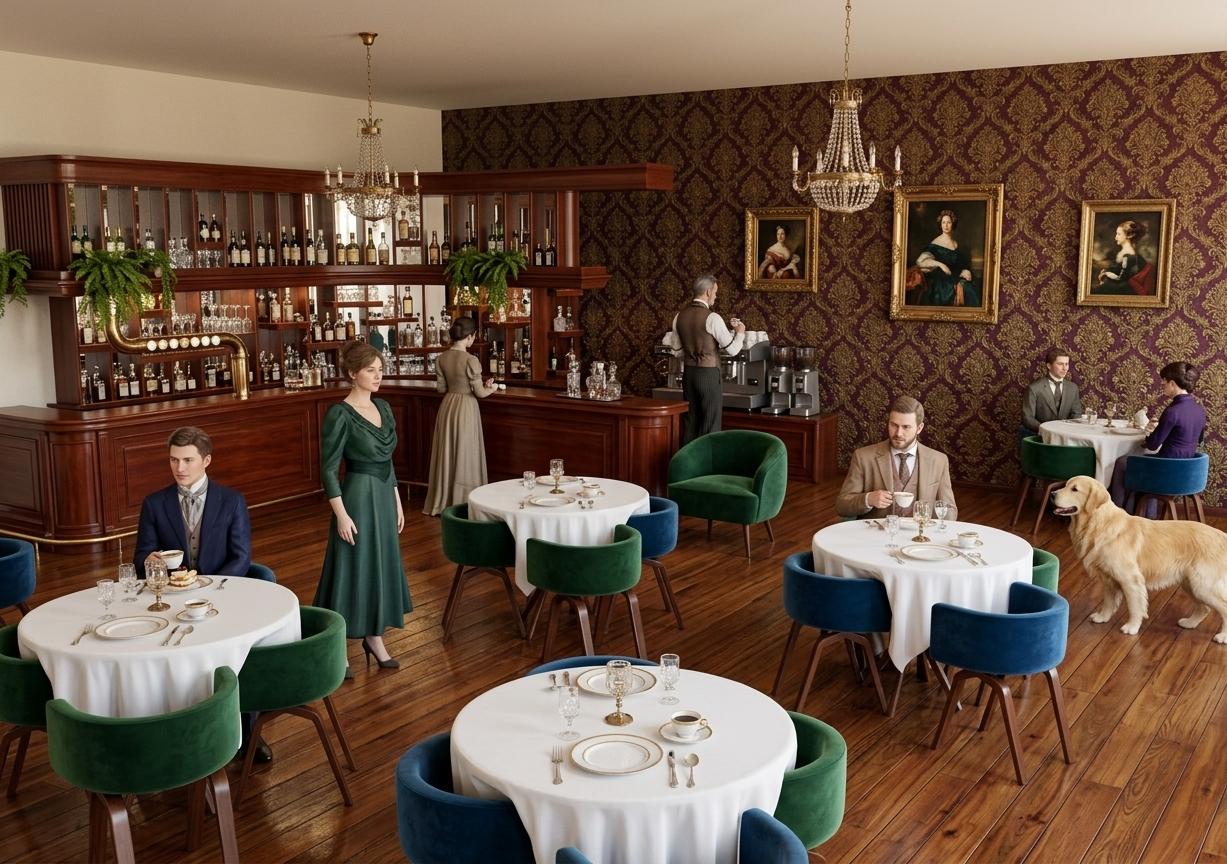 An incredibly lifelike, richly detailed, photorealistic interior photograph of a sophisticated Victorian-era restaurant. The scene is illuminated by soft midday spring light, creating a warm and inviting atmosphere. Captured with a wide-angle lens, emphasizing the luxurious textures and intricate details of the design, the rendering showcases a space imbued with Victorian elegance. Polished wooden floors reflect the natural light, leading the eye to elegant round tables draped with crisp white linens, each set with delicate porcelain and gleaming silverware. Plush velvet seating, upholstered in deep jewel tones, beckons patrons to relax. Ornate hanging chandeliers, casting a gentle glow, are suspended from the ceiling, supplementing the daylight. A long, polished mahogany bar, backed by shelves filled with antique bottles and crystal glassware, is manned by a distinguished bartender in period attire. Several patrons are seated at the tables, engaged in quiet conversation and savoring their coffee, adding a sense of lively yet refined activity to the scene. The walls are adorned with damask wallpaper and framed classical art, further enhancing the opulent Victorian aesthetic.