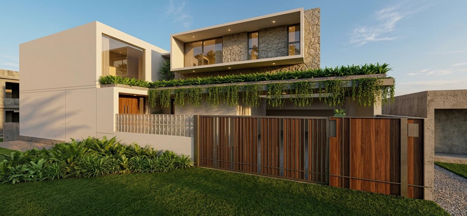 An incredibly lifelike, richly detailed, photorealistic **exterior architectural photo** of a modern luxury residence nestled into a serene, manicured landscape. The scene is illuminated by the soft glow of **late afternoon sun**, casting long, dynamic shadows that emphasize the building's strong geometric forms and creating a **warm, inviting atmosphere**. Captured with a **wide-angle lens**, this rendering prioritizes showcasing the interplay of materials, with smooth white stucco juxtaposed against the rugged texture of a stone-clad upper section and the warm, vertical grain of rich wood paneling on the gate. Lush greenery cascades from planters, softening the clean lines of the architecture, while a contemporary metal gate and a wall constructed of textured glass blocks offer glimpses of privacy and modern design. The composition is masterfully framed by a gently sloping green lawn, suggesting a suburban or semi-rural setting. Depth and perspective are expertly handled, drawing the viewer's eye towards the entrance doors and the prominent cantilevered section, while subtle reflections in the windows hint at the refined comfort of the unseen interior.