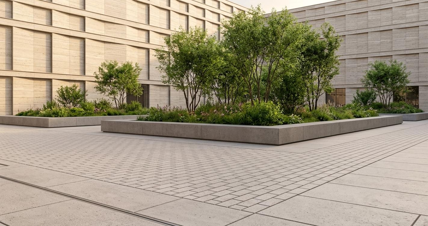 An incredibly lifelike, richly detailed, photorealistic slightly elevated perspective shot of a contemporary courtyard scene set in a serene outdoor garden environment at dawn. The scene is illuminated by the soft, golden light of a spring sunrise, creating a serene and sophisticated atmosphere. Captured with a professional wide-angle lens, emphasizing the intricate textures of the ventilated stone facades and the sharp geometric precision of the landscape, the composition showcases a sophisticated interplay of materials and forms. Multi-story buildings clad in a ventilated facade system of layered, light beige natural stone panels frame the space, their subtle spacing creating a deep rhythm of delicate shadows. Below, a clean orthogonal grid of large-format concrete pavers forms a structured alley network that leads the eye toward the center, where a monolithic, raised platform of smooth, neutral-gray exposed concrete acts as a pedestal for a lush, curated garden. This elevated sanctuary features medium-height trees with airy canopies and vibrant spring greenery, offering a calm, architectural softness that contrasts with the surrounding stone. Hugging one of the facades, a sculptural, cursive staircase of smooth white concrete flows like a continuous ribbon, its elegant, non-spiral curves providing a graceful focal point against the rigid architecture. The atmosphere is one of Victorian elegance fused with high-end minimalist design, where the warmth of the rising sun highlights the crisp edges of the masonry and the organic silhouettes of the vegetation, all reflected subtly in the clean, precisely jointed hardscaping.