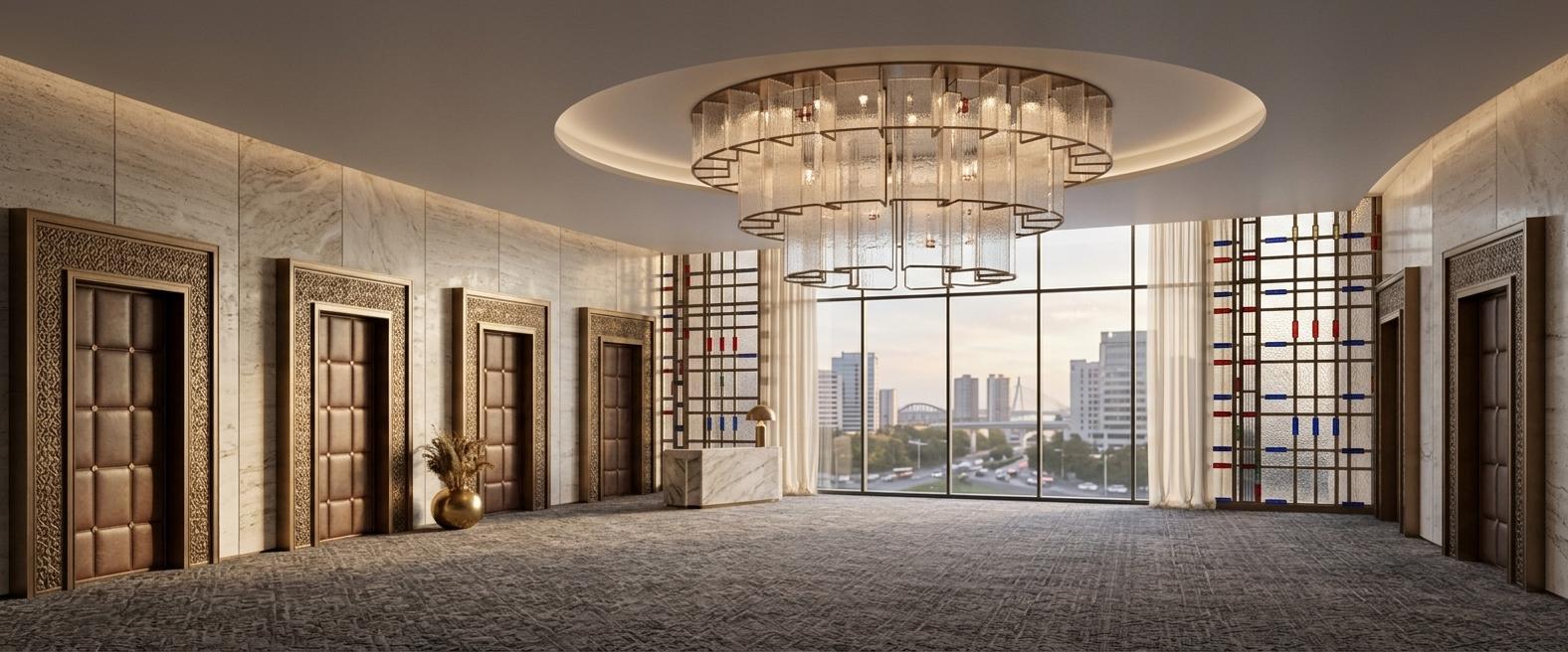 An interior photo of a grand hotel lobby, inspired by colonial classic design, rendered with exceptional realism and detail. The scene is bathed in the soft, diffused light of late afternoon, casting gentle shadows and highlighting the rich textures throughout. The dominant feature is a large, multi-tiered modern chandelier with translucent rectangular panels that gently catch the light. This contemporary piece is suspended from a subtly coved ceiling. The walls are clad in textured, large-format stone panels, providing a sense of sophisticated solidity. Integrated within this stone facade are several grand portals, each framed with embossed metal in a deep, warm tone, suggesting ornate doorways. The flooring is covered in a plush, patterned carpet with a dark grey base, its intricate weave adding another layer of textural richness. The backdrop is a sweeping expanse of floor-to-ceiling windows, through which a contemporary cityscape is visible, hinting at the building's urban context. The windows are partially obscured by sheer, semi-open curtains that offer glimpses of an inviting open area beyond, adding an element of depth and intrigue to the composition. The rendering uses a wide-angle lens with a slight depth of field, drawing the viewer's eye into the spacious, elegant lobby while subtly softening the background elements, creating a welcoming and luxurious atmosphere.
